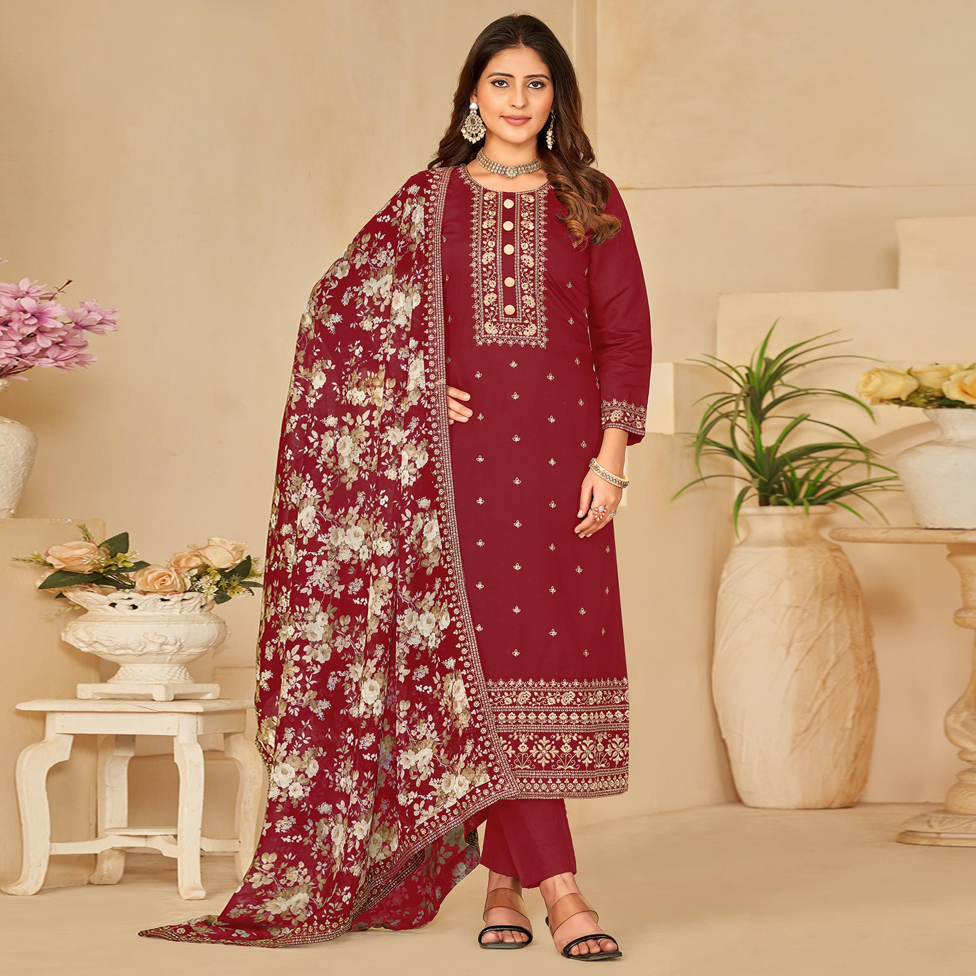Maroon Embroidered Pure Silk Semi Stitched Suit