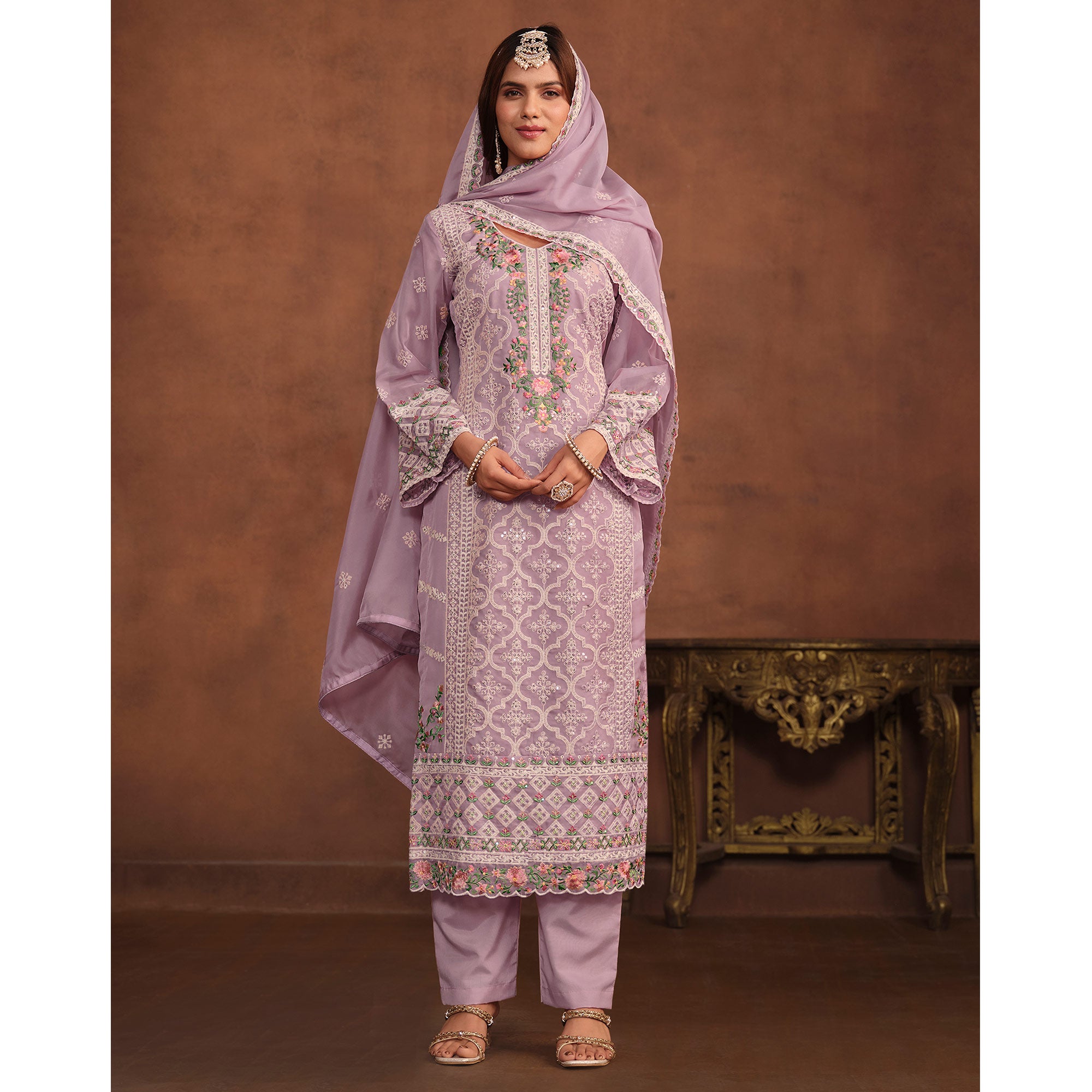 Purple Floral Embroidered Organza Semi Stitched Suit