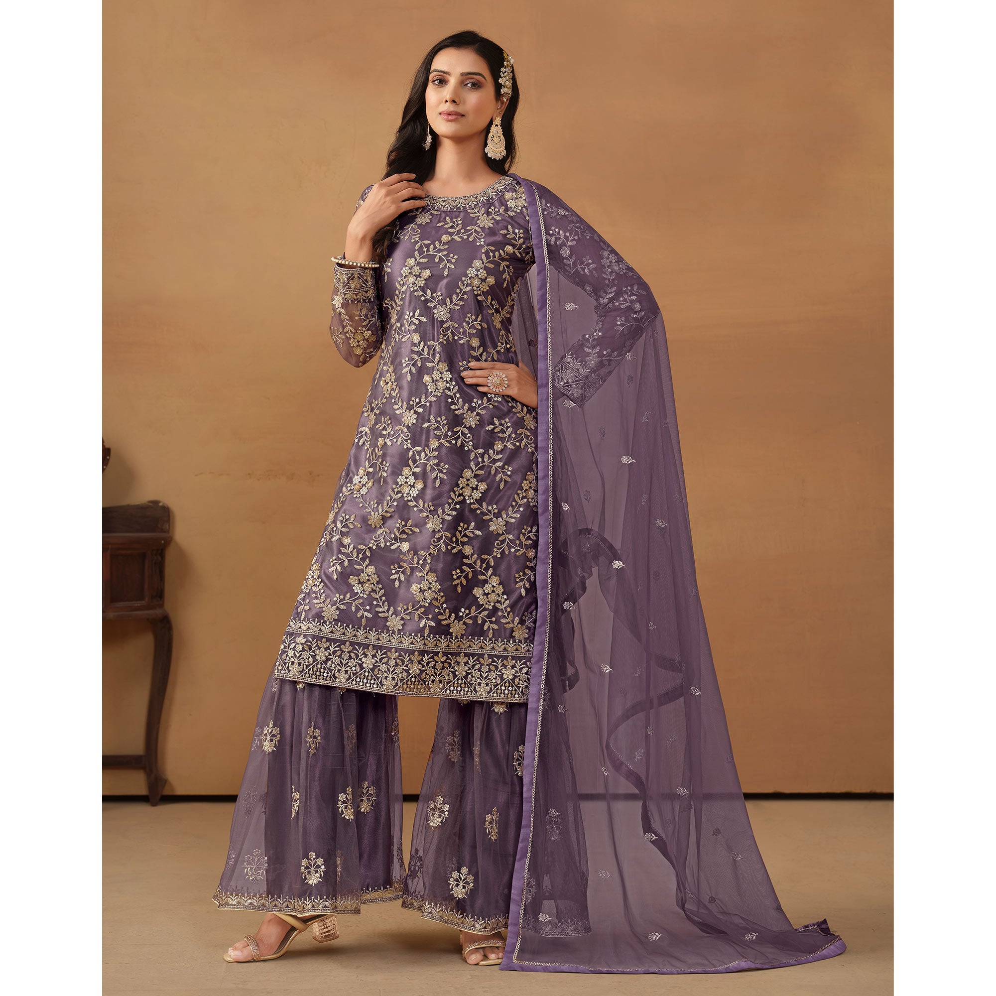 Purple Floral Embroidered Net Semi Stitched Sharara Suit