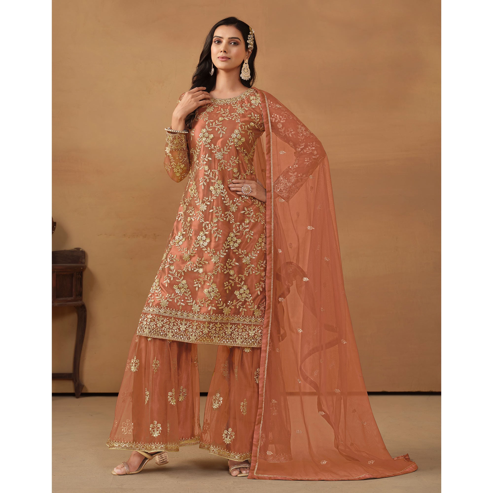 Dusty Orange Floral Embroidered Net Semi Stitched Sharara Suit