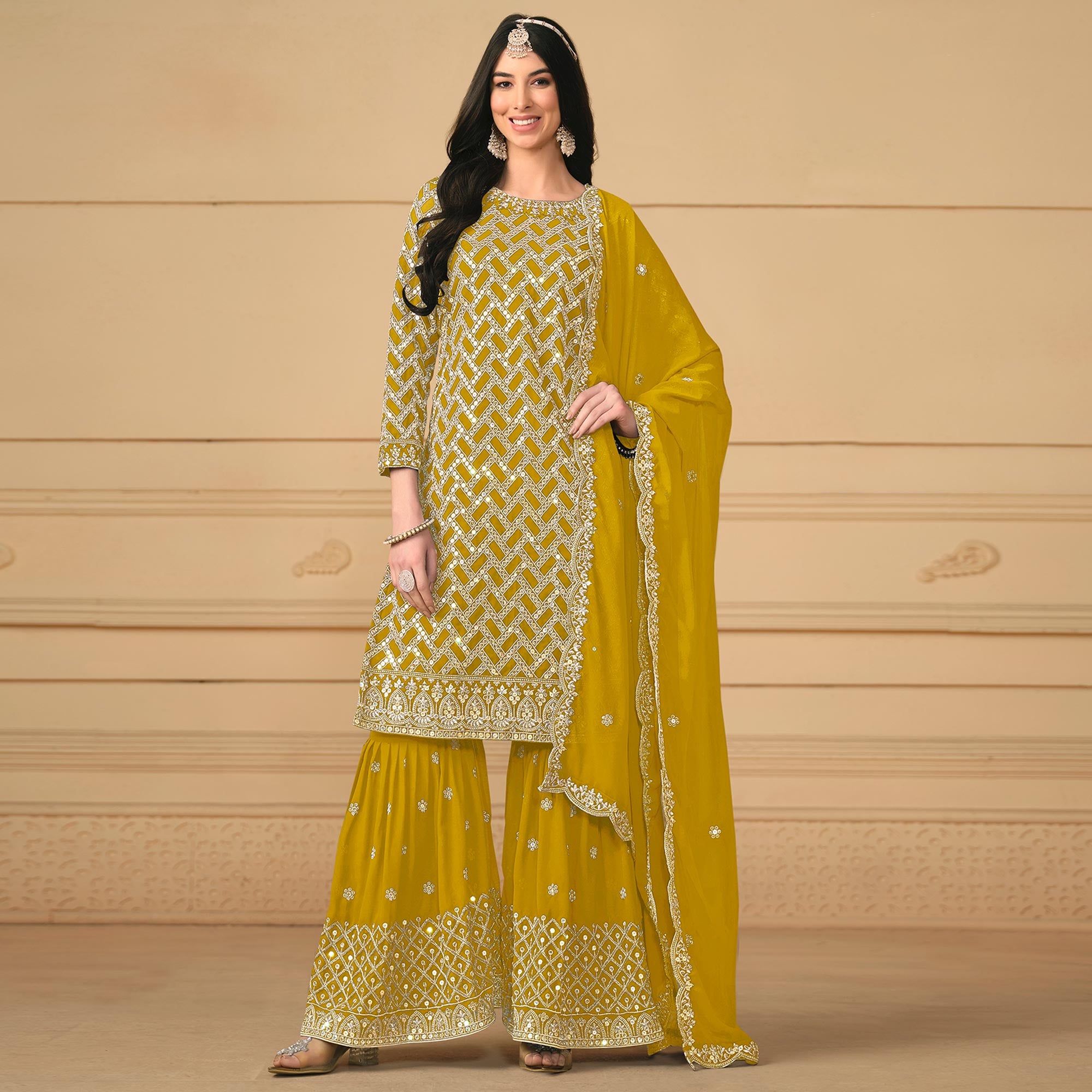 Mustard Sequins Embroidered Georgette Semi Stitched Sharara Suit