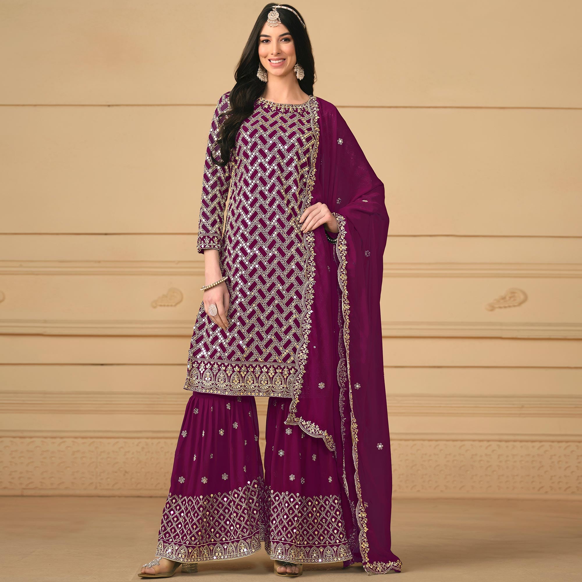 Purple Sequins Embroidered Georgette Semi Stitched Sharara Suit