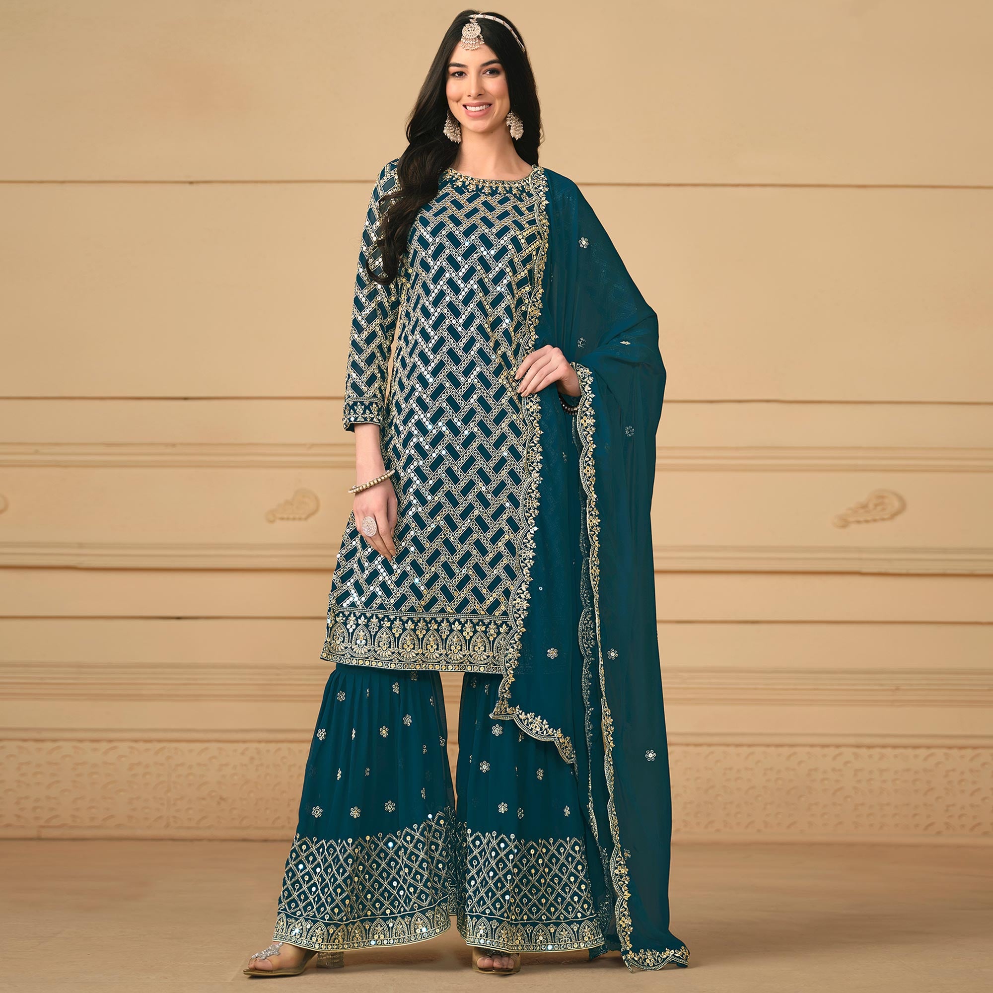 Teal Sequins Embroidered Georgette Semi Stitched Sharara Suit