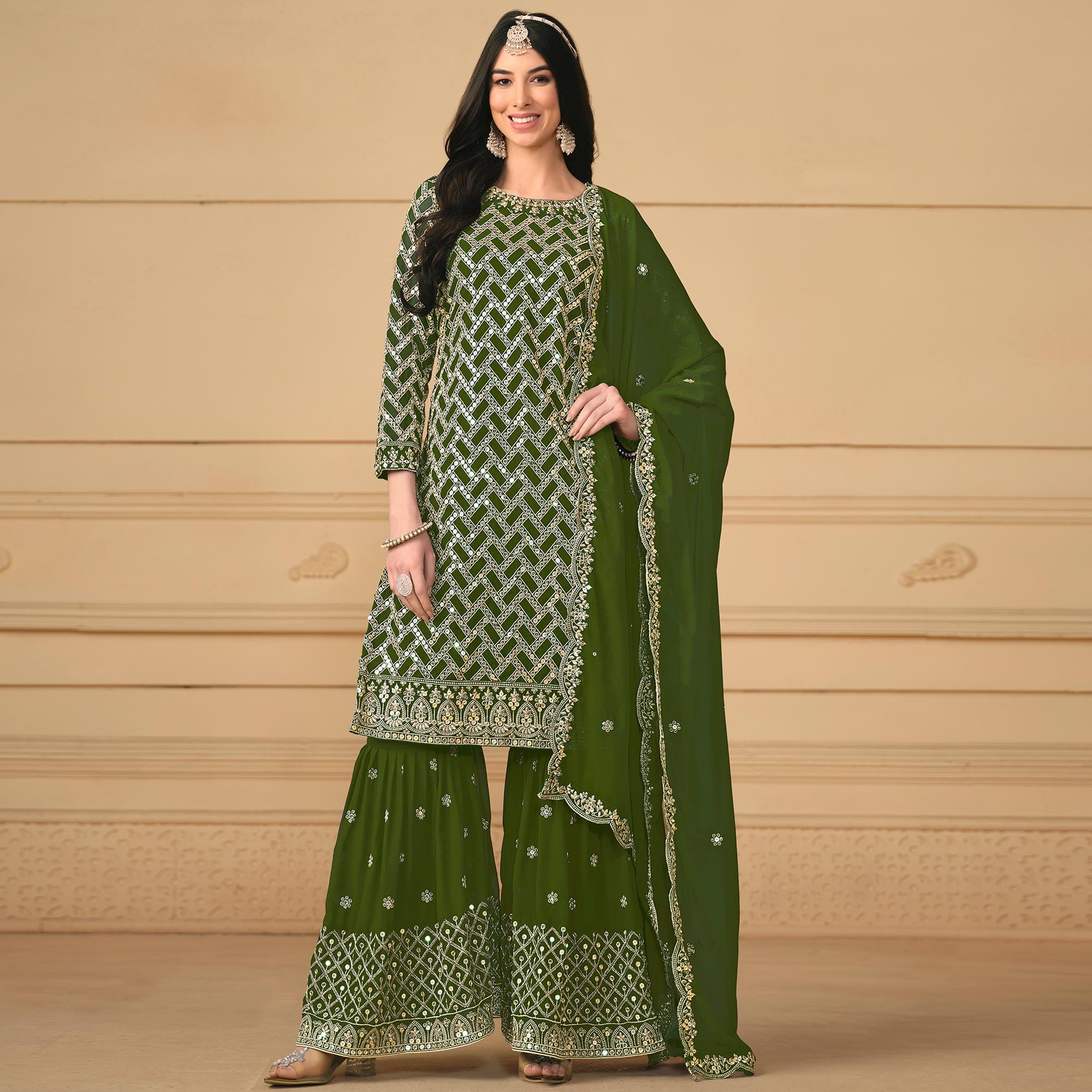 Green Sequins Embroidered Georgette Semi Stitched Sharara Suit