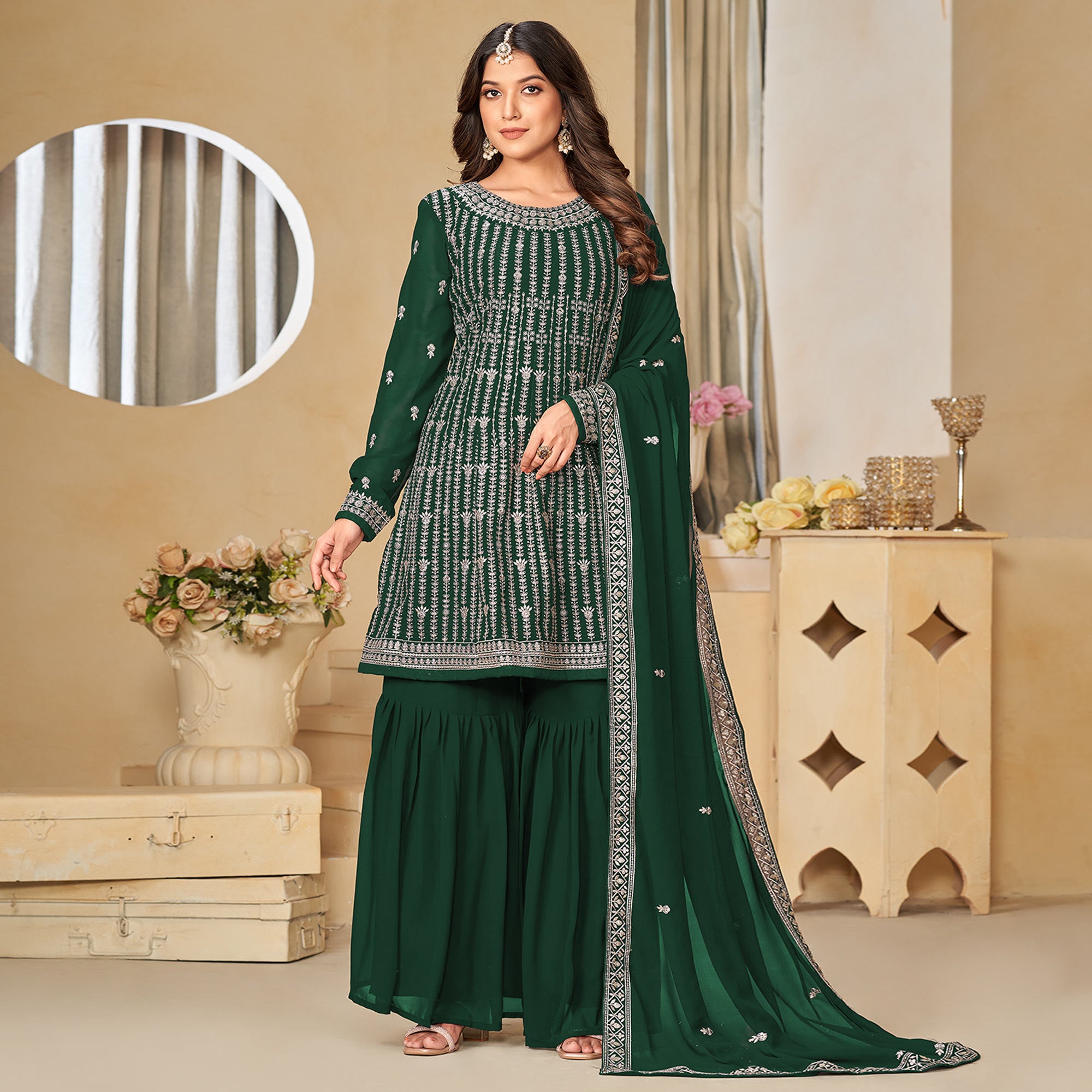 Green Floral Sequins Embroidered Georgette Semi Stitched Sharara Suit