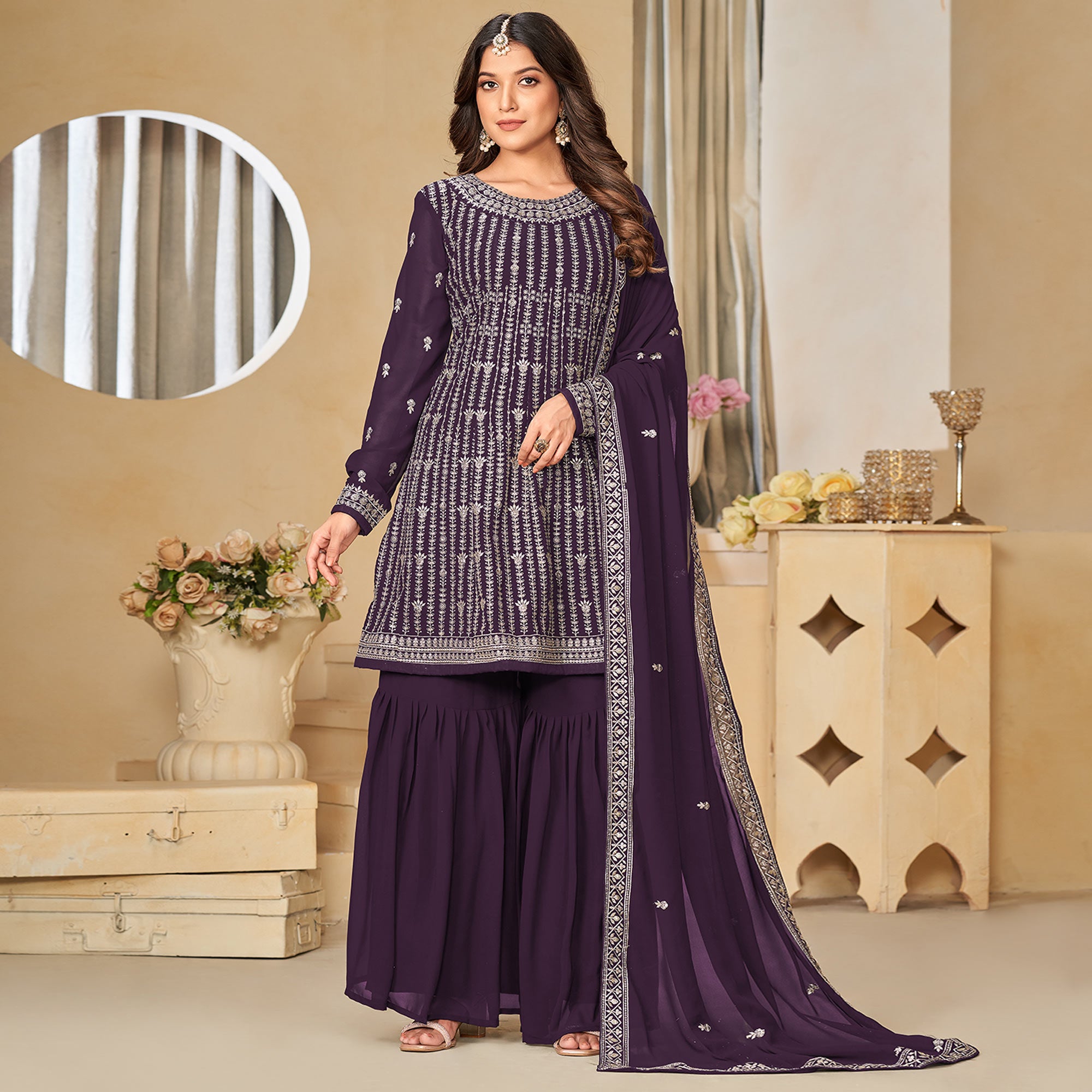 Purple Floral Sequins Embroidered Georgette Semi Stitched Sharara Suit