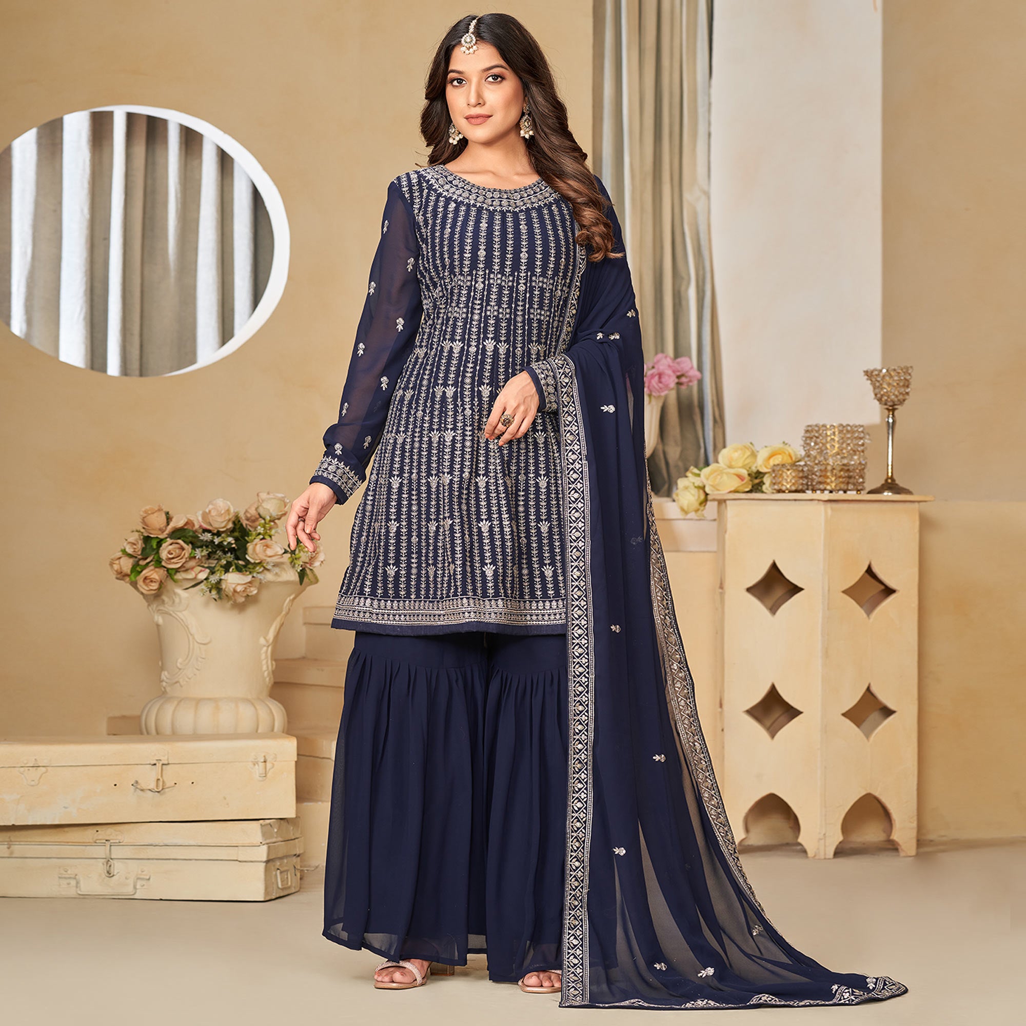 Navy Blue Floral Sequins Embroidered Georgette Semi Stitched Sharara Suit