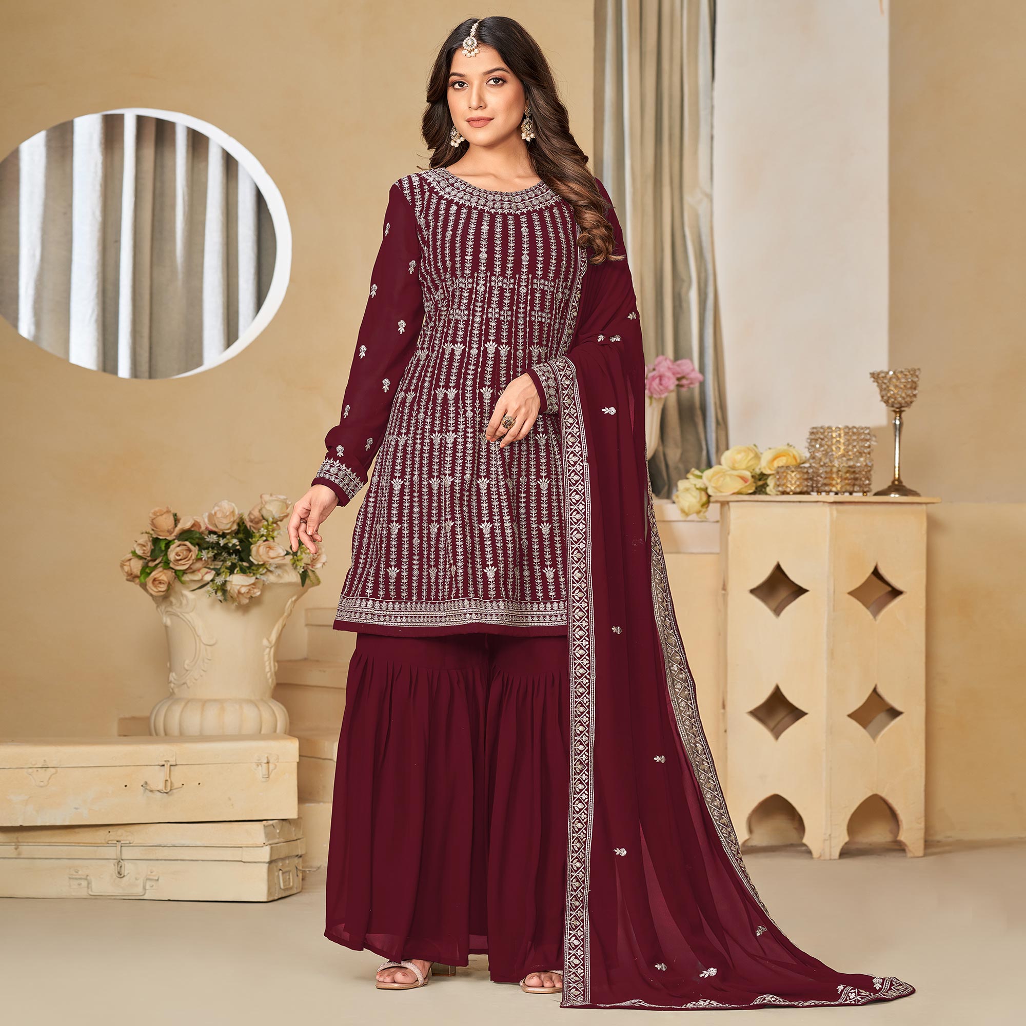 Maroon Floral Sequins Embroidered Georgette Semi Stitched Sharara Suit