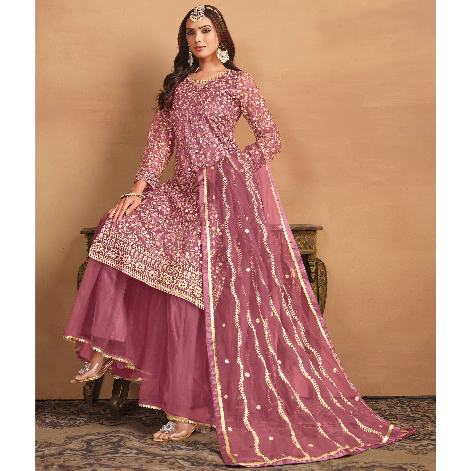 Pink Floral Sequins Embroidered Georgette Semi Stitched Sharara Suit