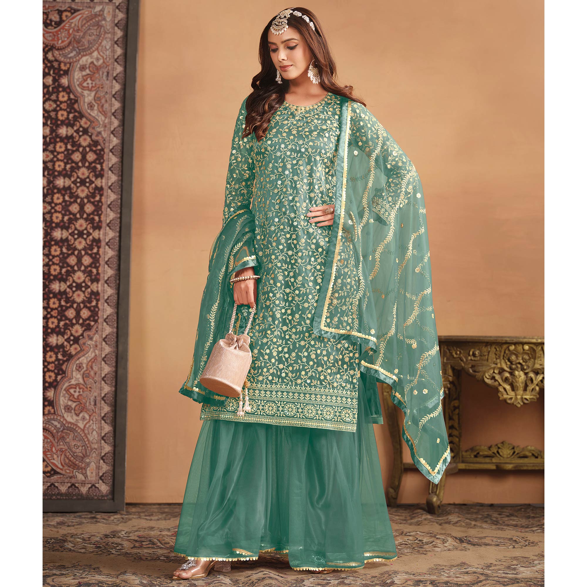 Sea Green Floral Sequins Embroidered Georgette Semi Stitched Sharara Suit