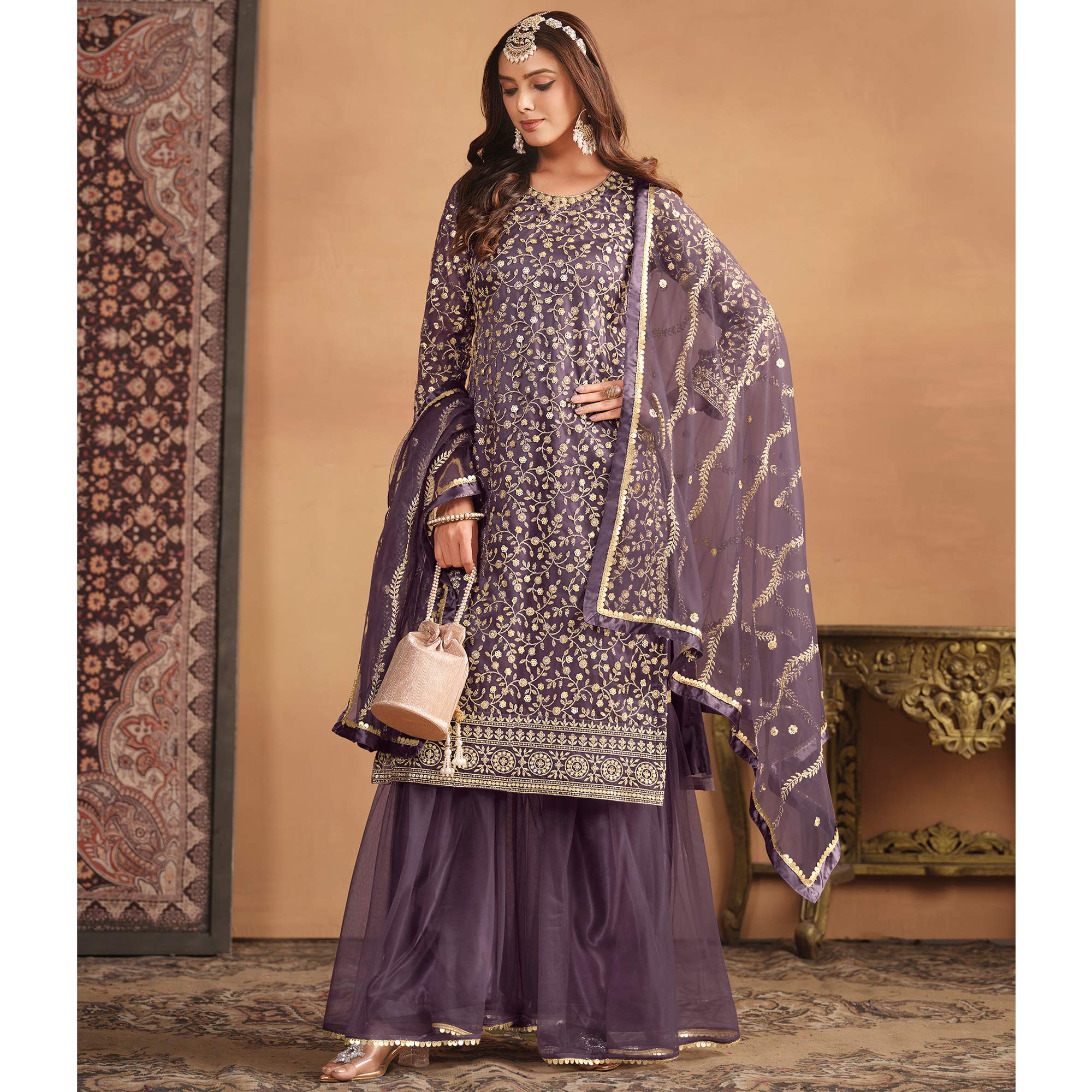 Purple Floral Sequins Embroidered Georgette Semi Stitched Sharara Suit