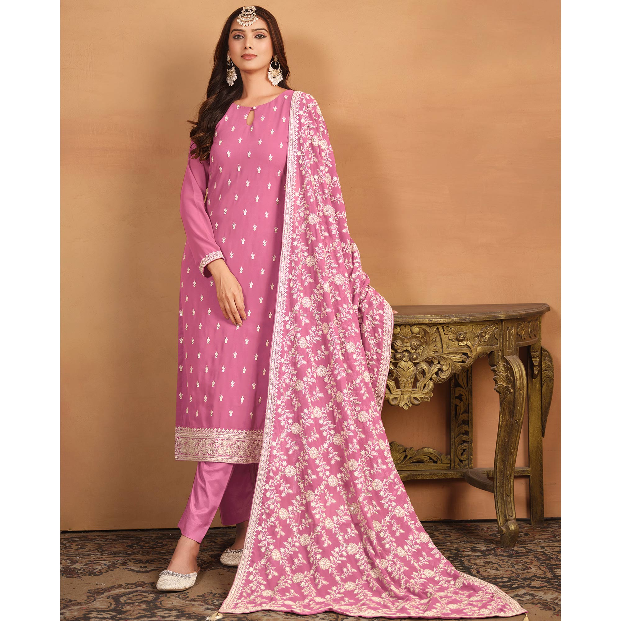 Pink Sequins Embroidered Georgette Semi Stitched Salwar Suit