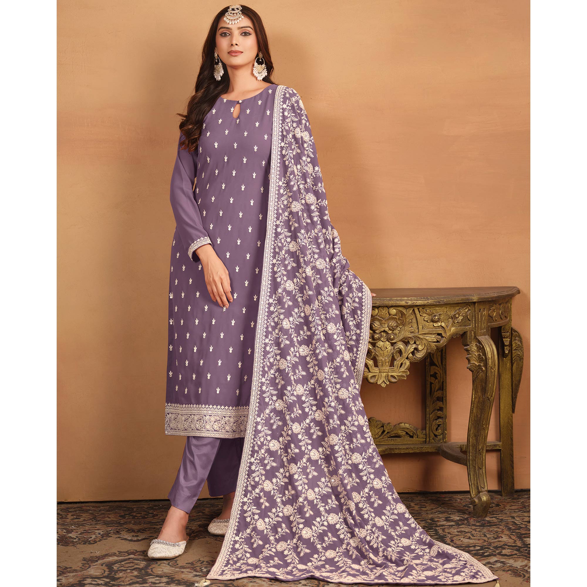 Purple Sequins Embroidered Georgette Semi Stitched Salwar Suit