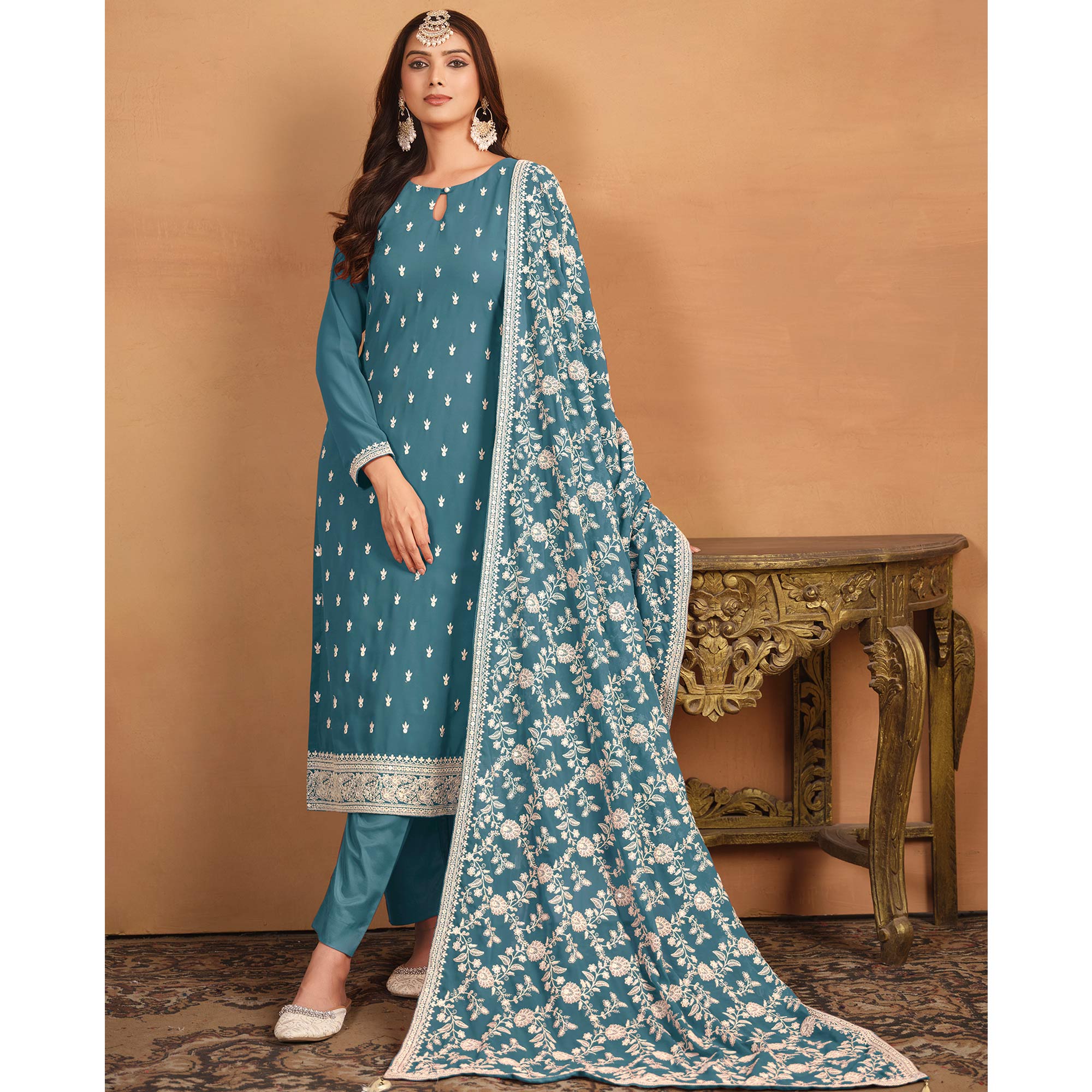 Blue Sequins Embroidered Georgette Semi Stitched Salwar Suit