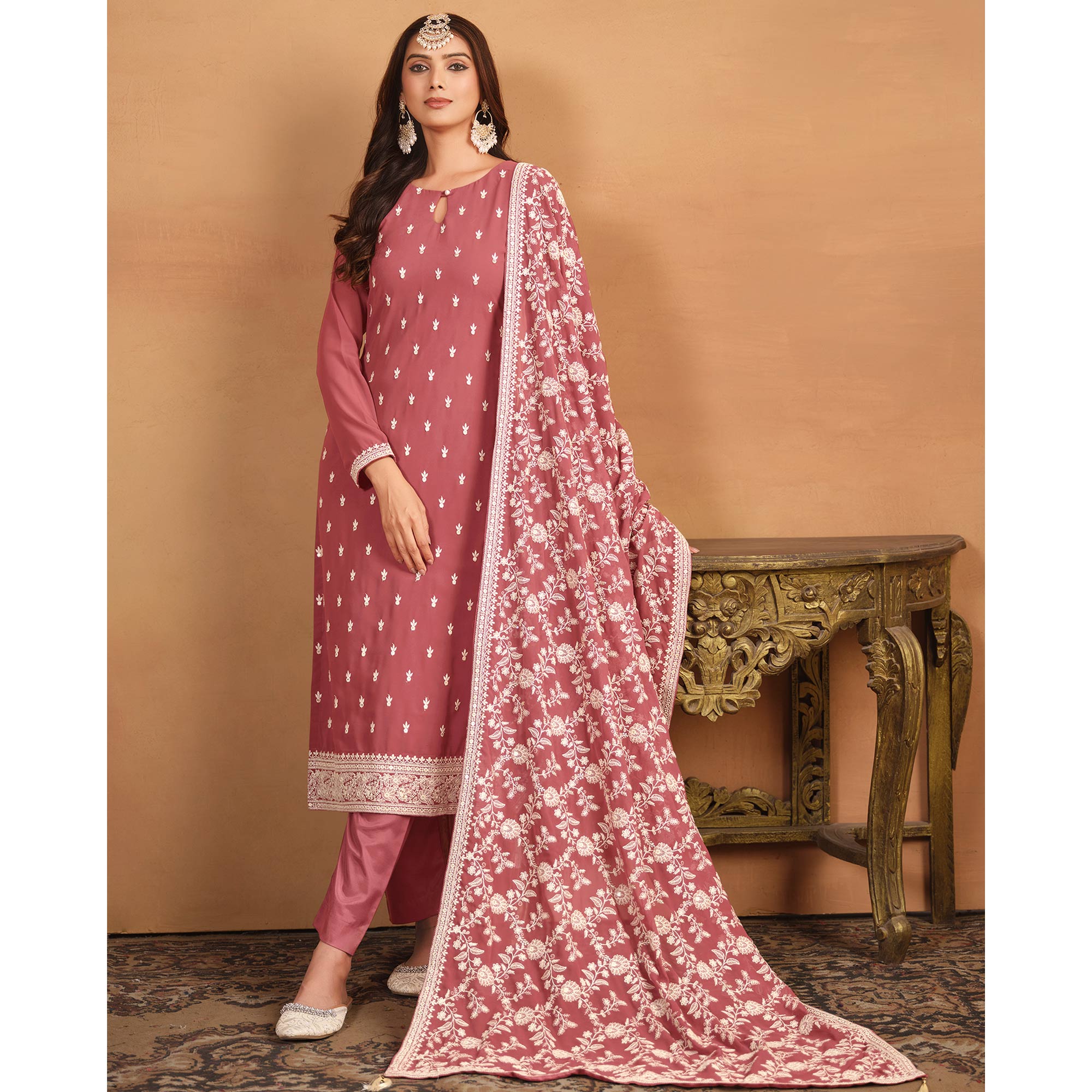 Peach Sequins Embroidered Georgette Semi Stitched Salwar Suit