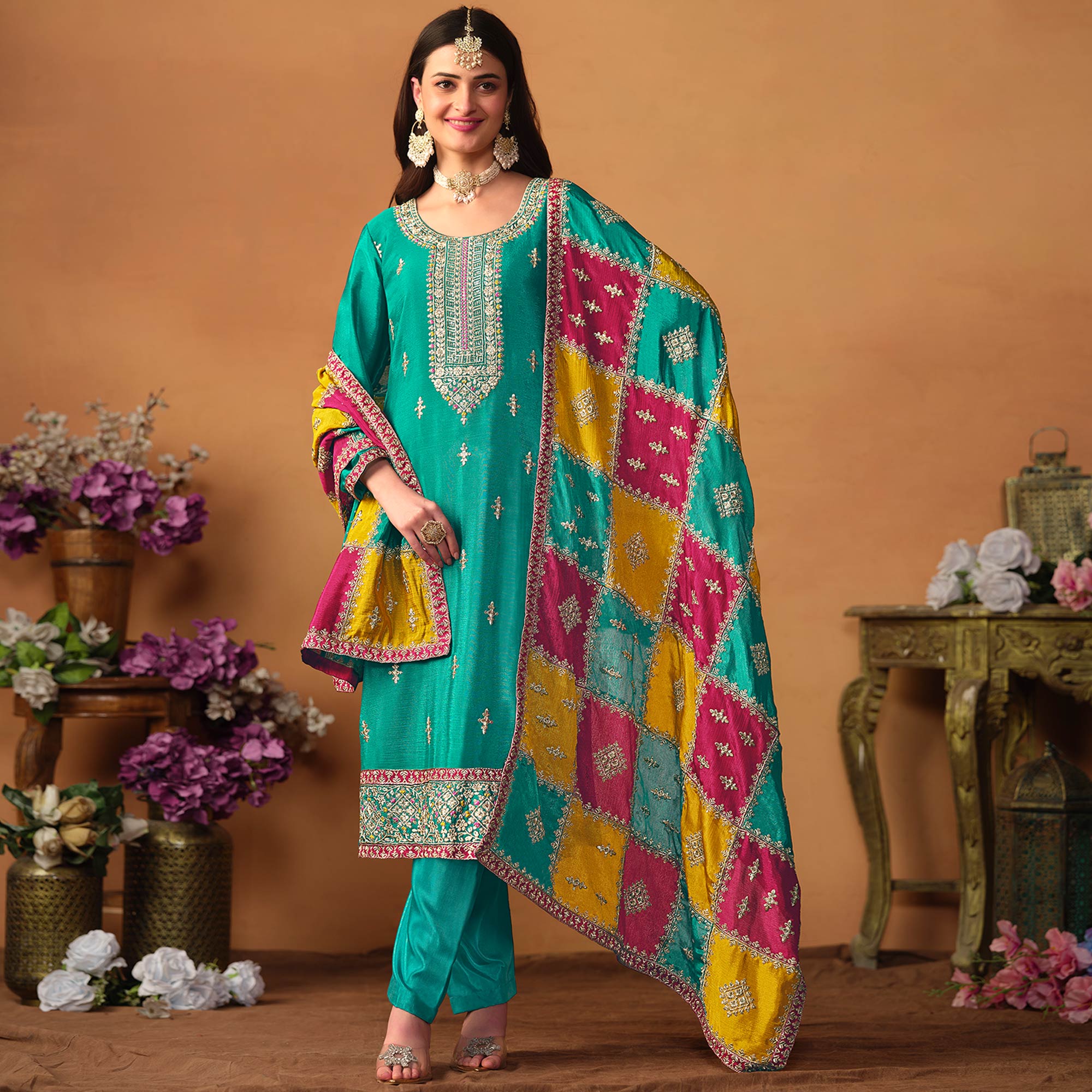 Rama Blue Floral Sequins Embroidered Chinon Silk Semi Stitched Salwar Suit