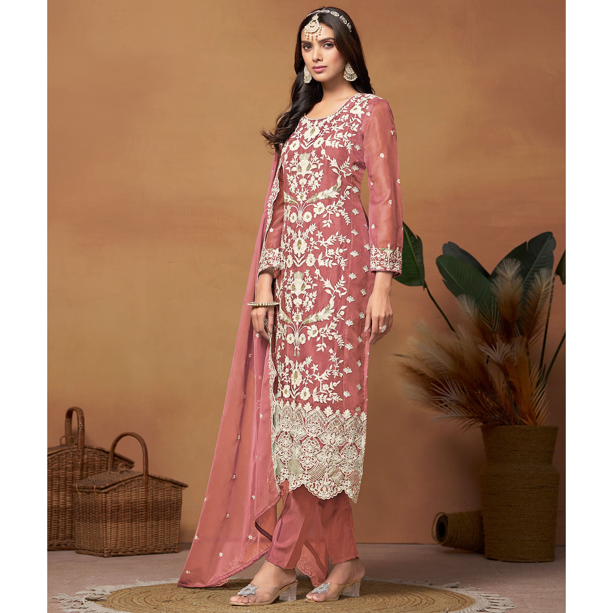 Peach Floral Sequins Embroidered Organza Semi Stitched Salwar Suit