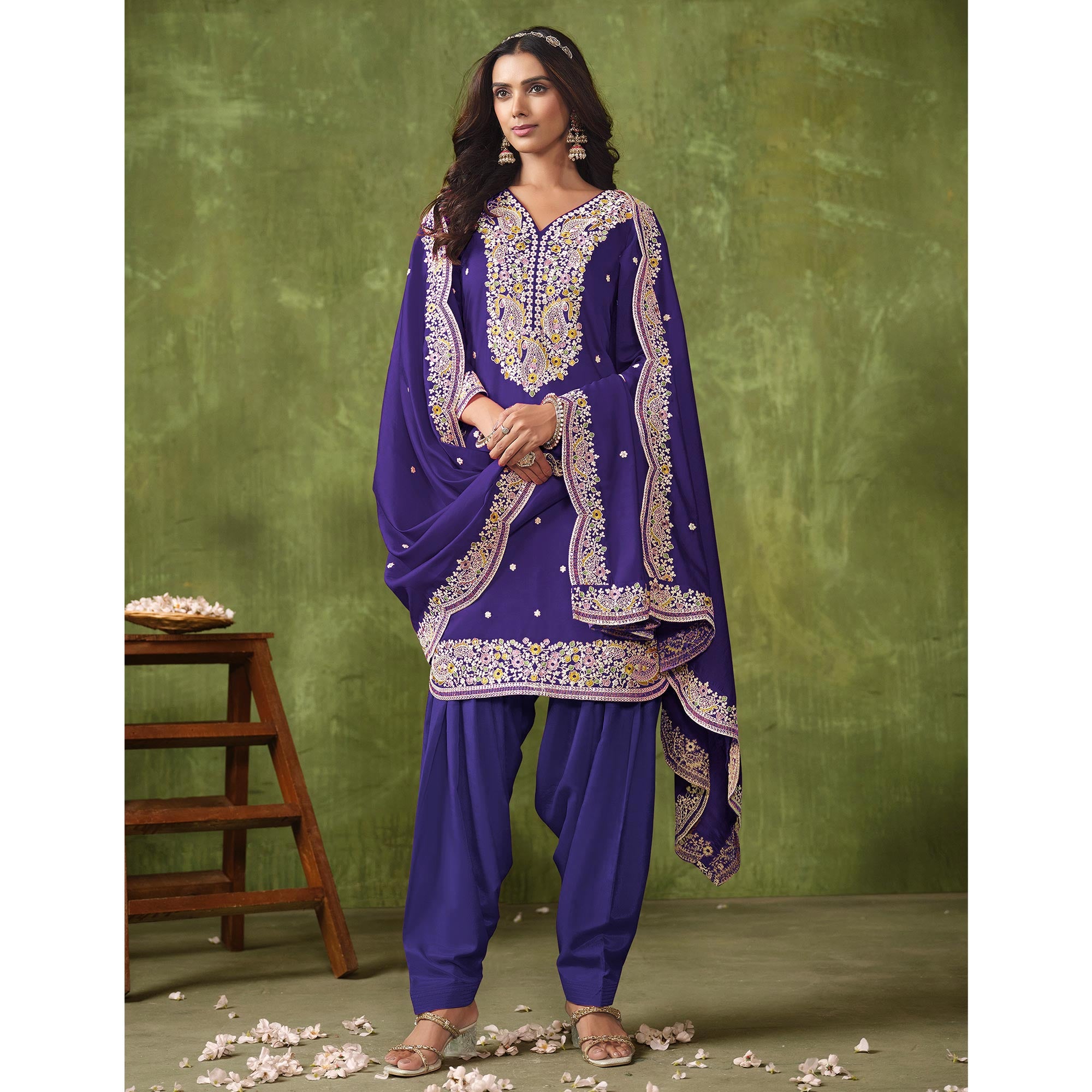 Purple Floral Embroidered Pure Silk Unstitched Dress Material
