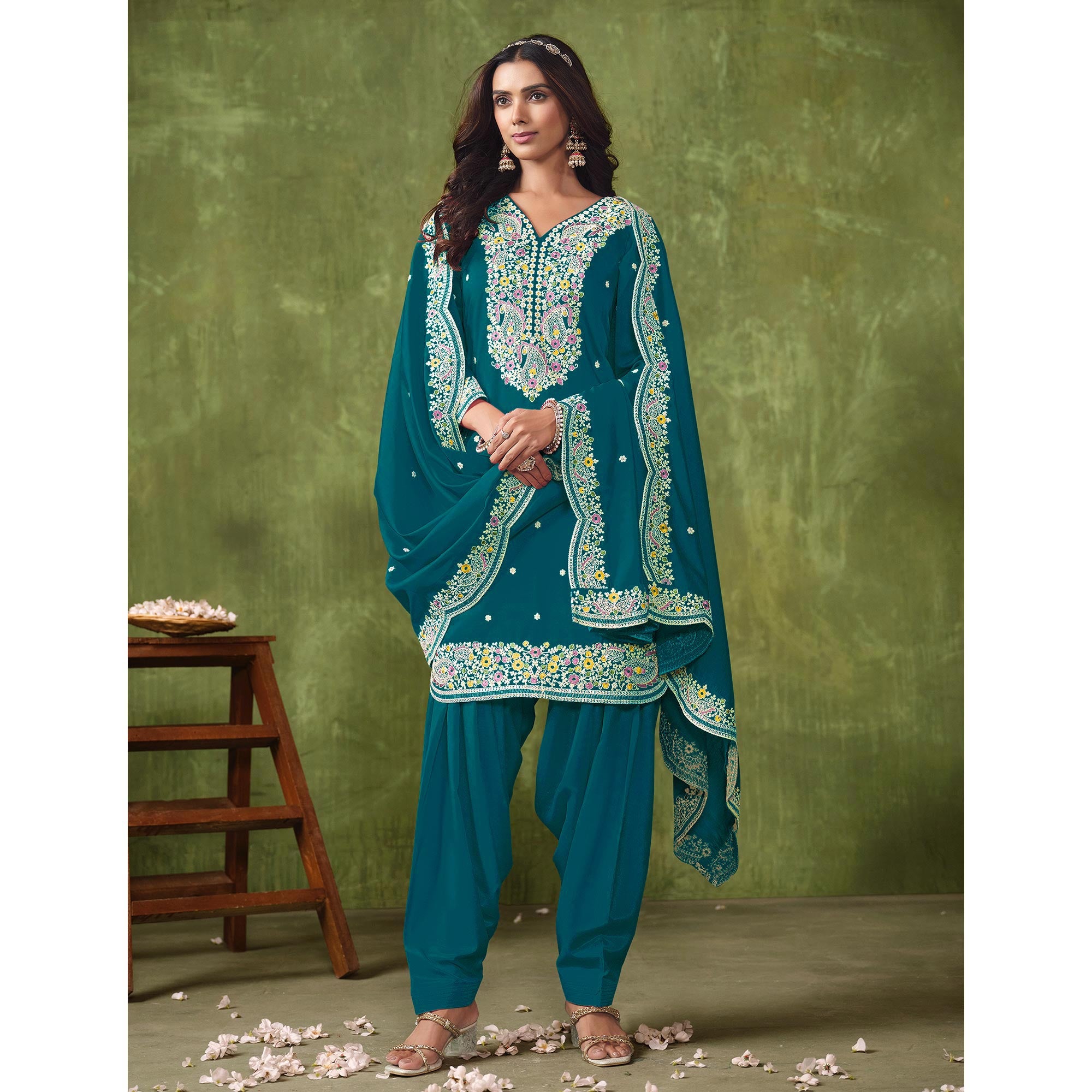 Teal Floral Embroidered Pure Silk Unstitched Dress Material