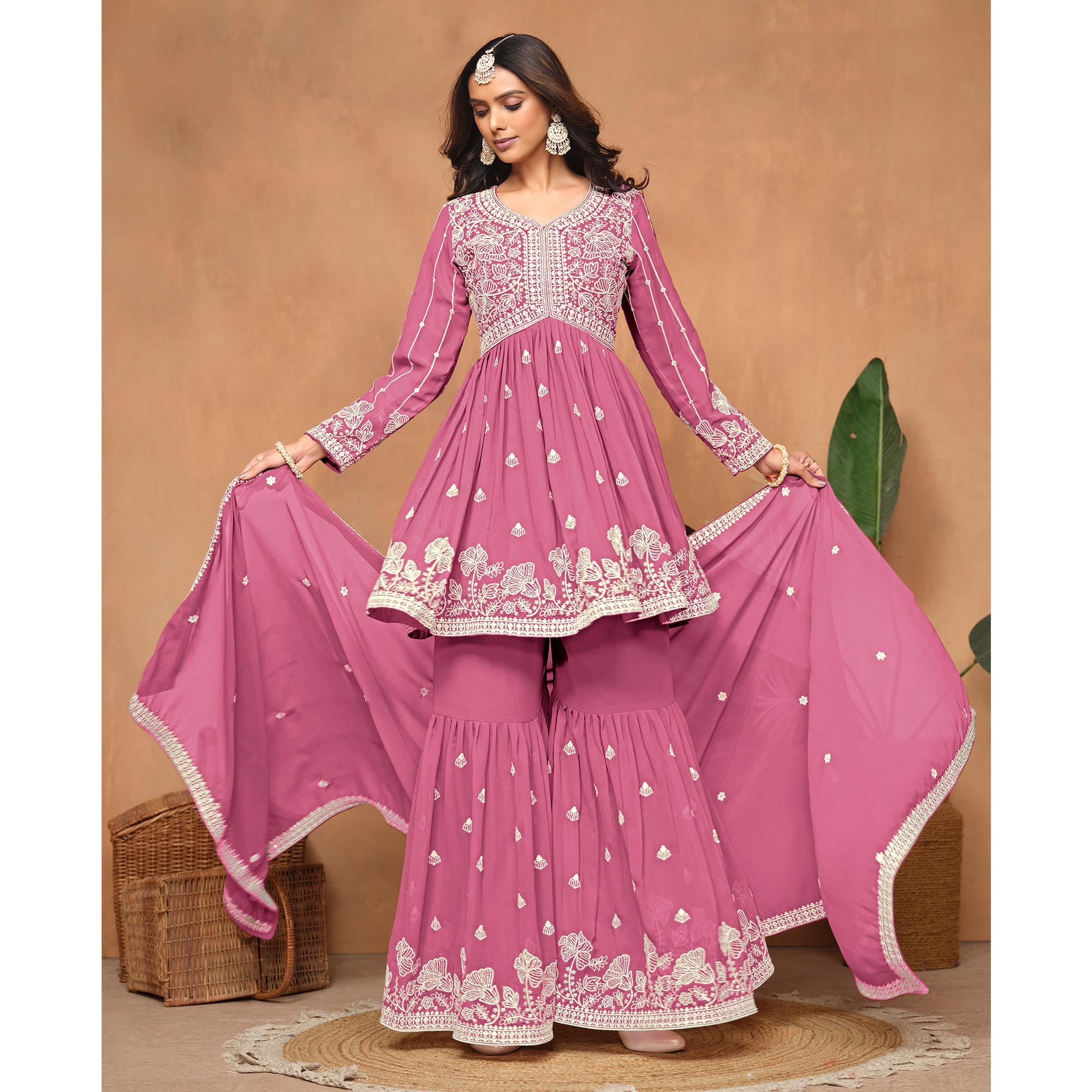 Pink Floral Embroidered Georgette Semi Stitched Suit