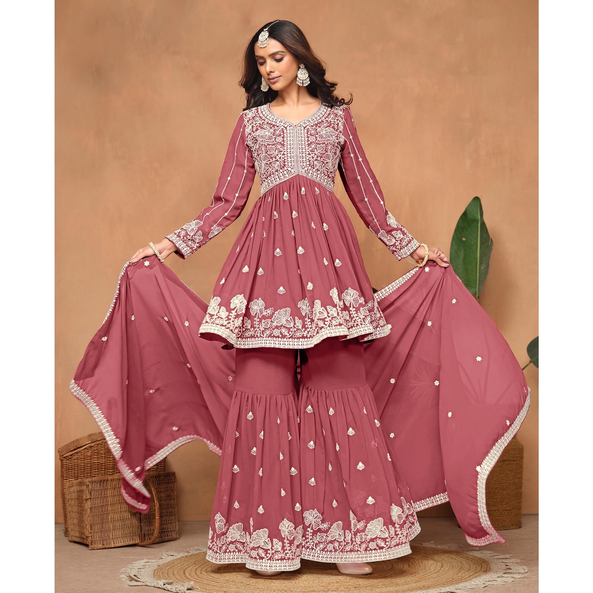Mauve Floral Embroidered Georgette Semi Stitched Suit