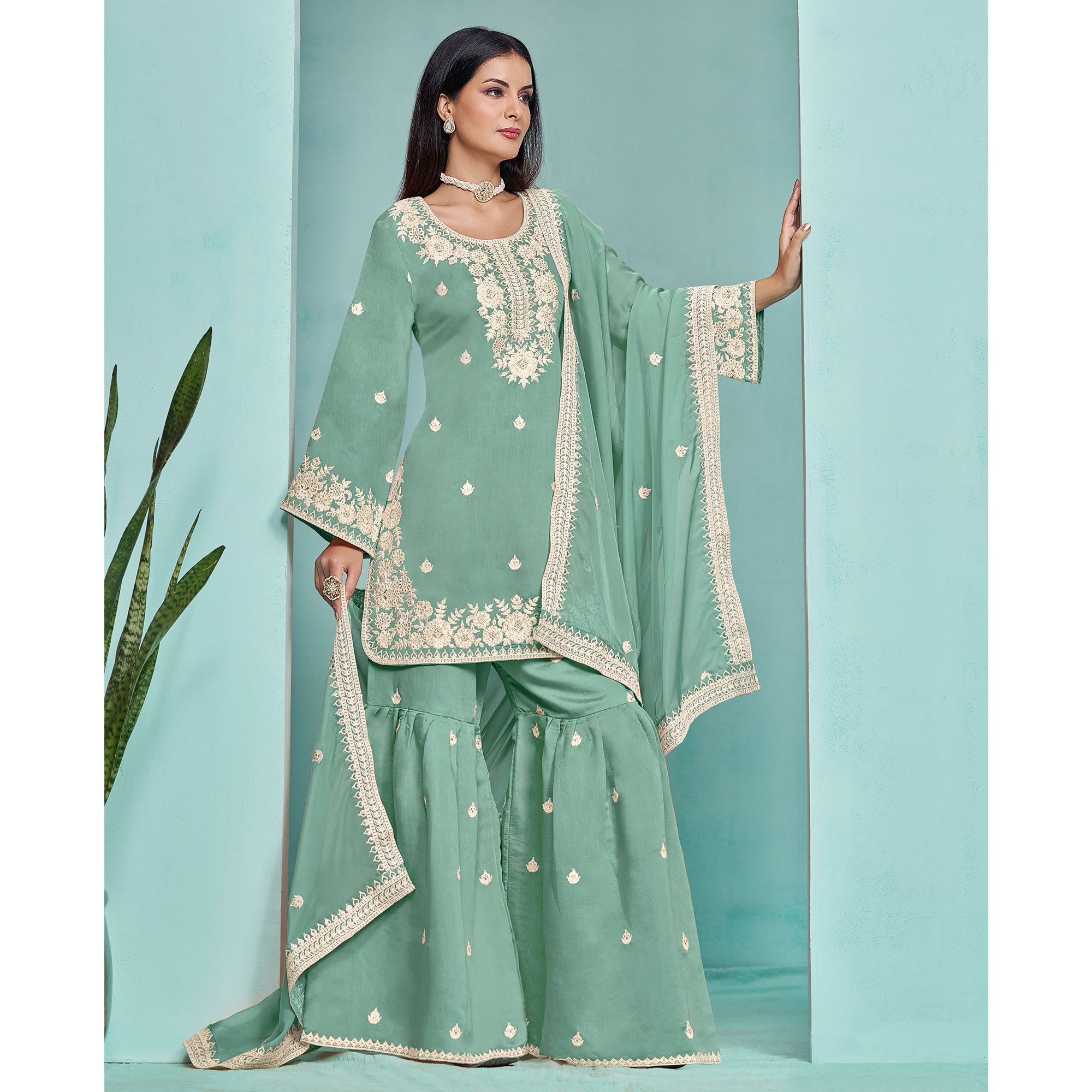 Turquoise Floral Sequins Embroidered Chanderi Semi Stitched Sharara Suit