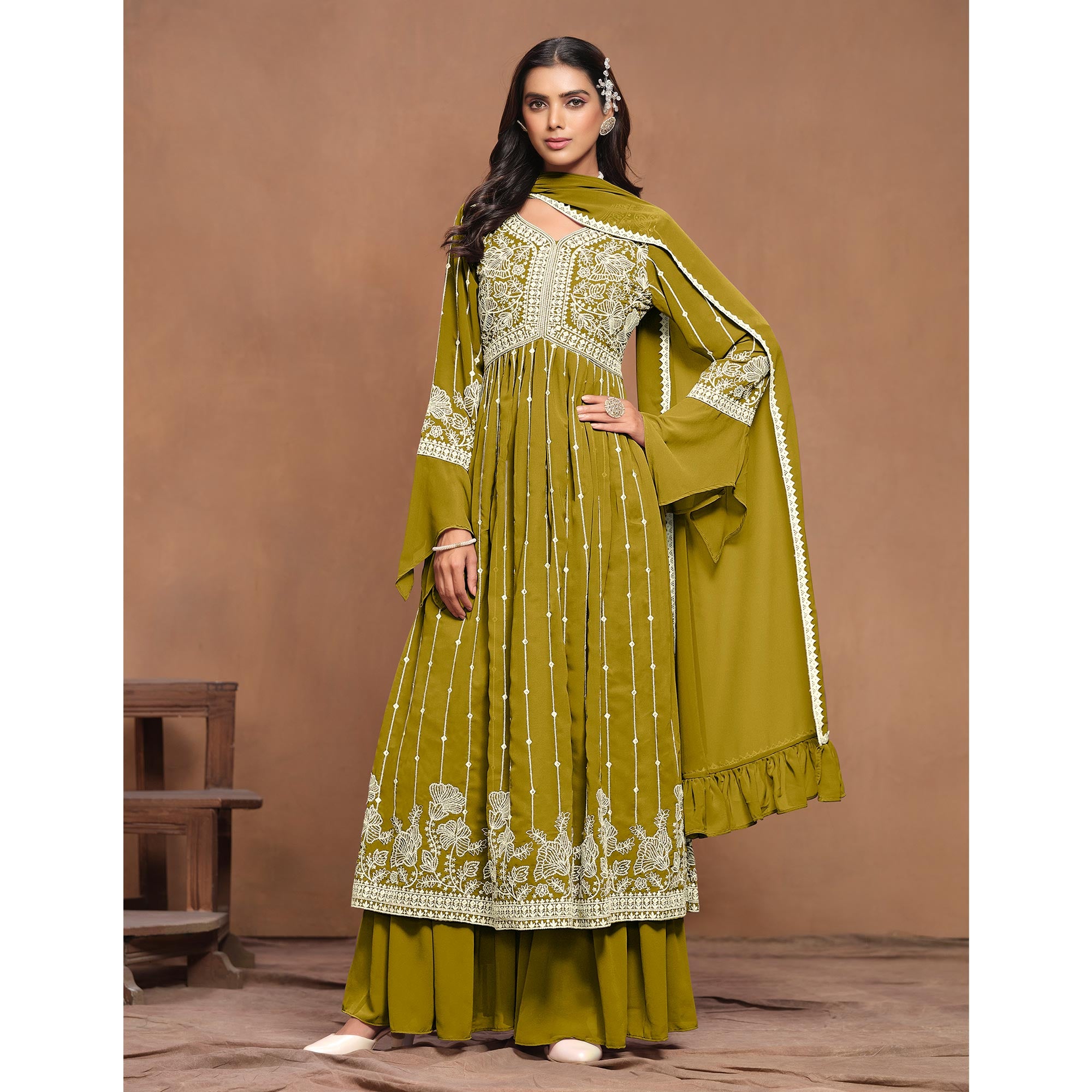 Dark Mustard Floral Embroidered Georgette Semi Stitched Alia Cut Sharara Suit