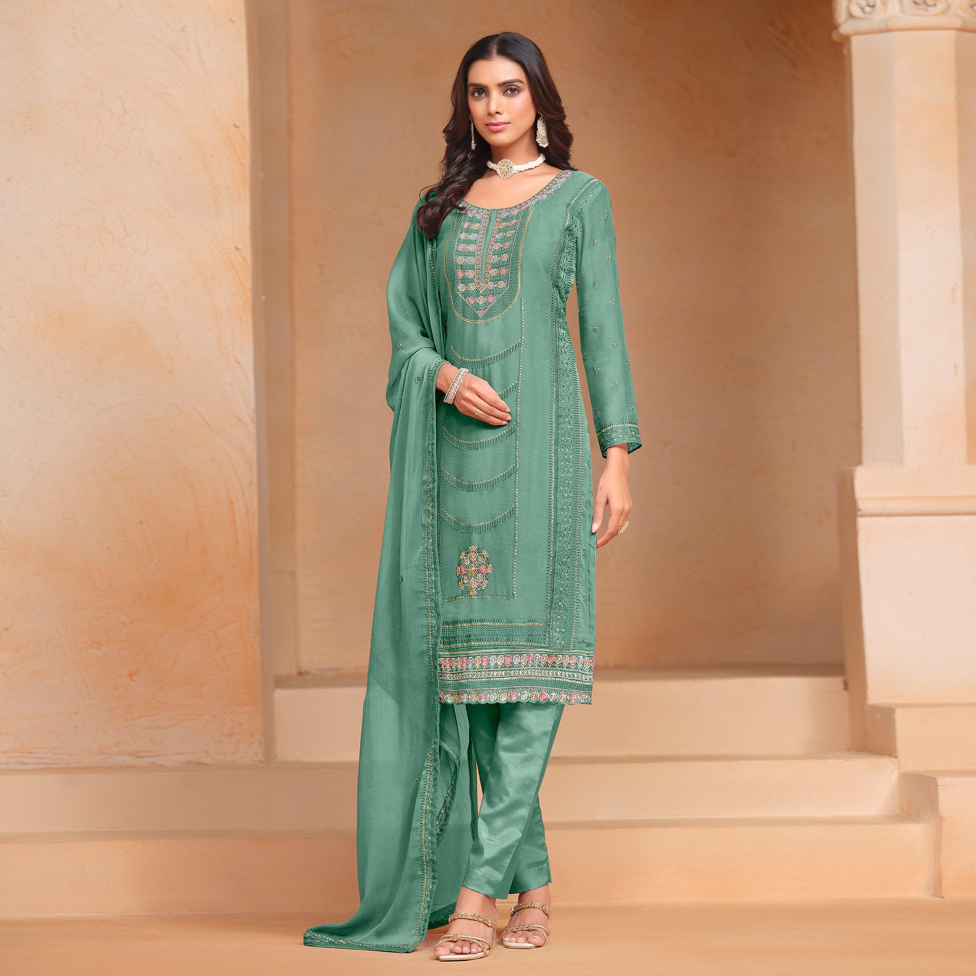 Green Floral Embroidered Organza Semi Stitched Salwar Suit