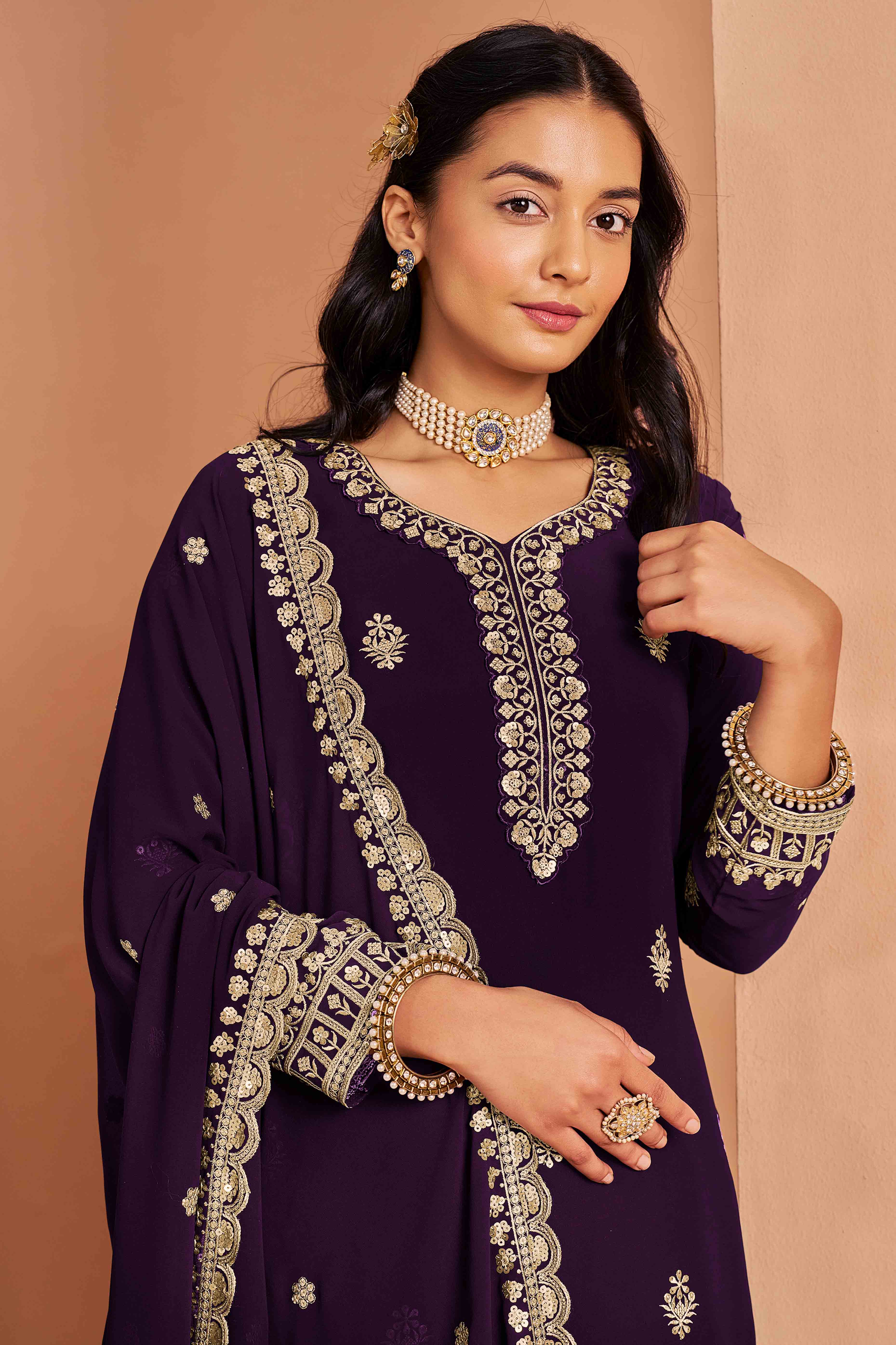 Purple Floral Embroidery Georgette Semi Stitched Palazzo Suit