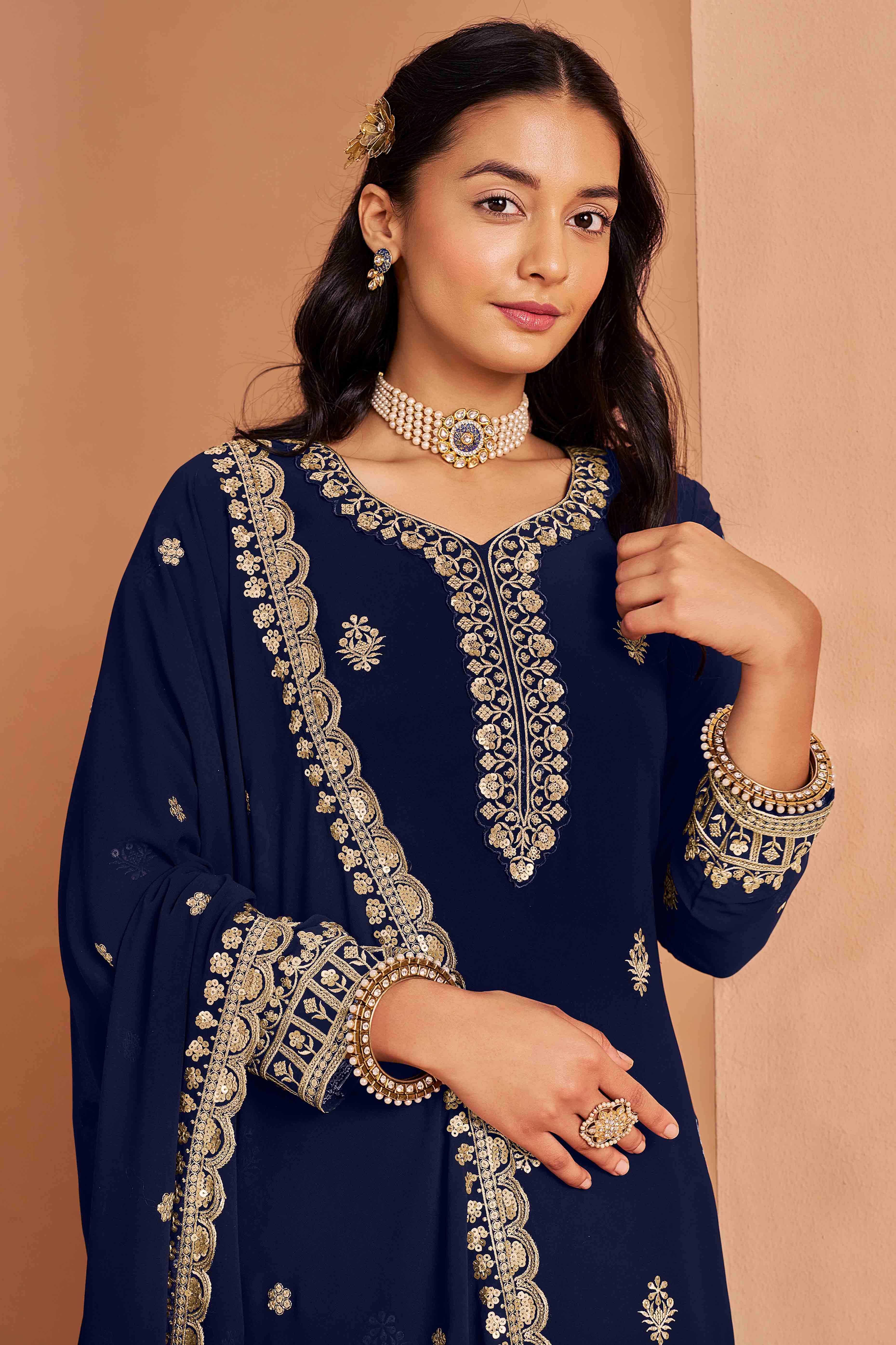 Blue Floral Embroidery Georgette Semi Stitched Palazzo Suit