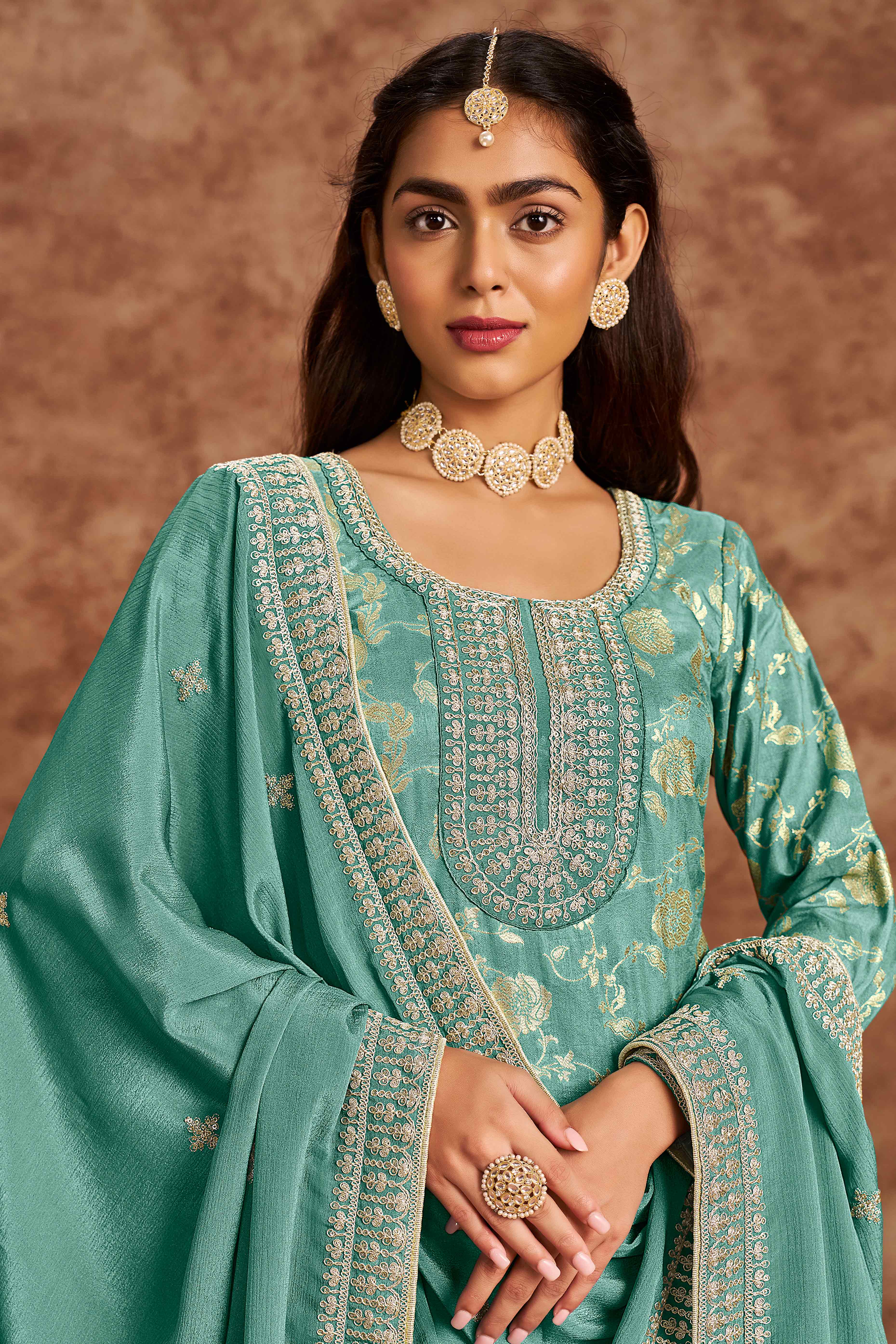 Turquoise Floral Woven Dola Silk Jacquard Dress Material