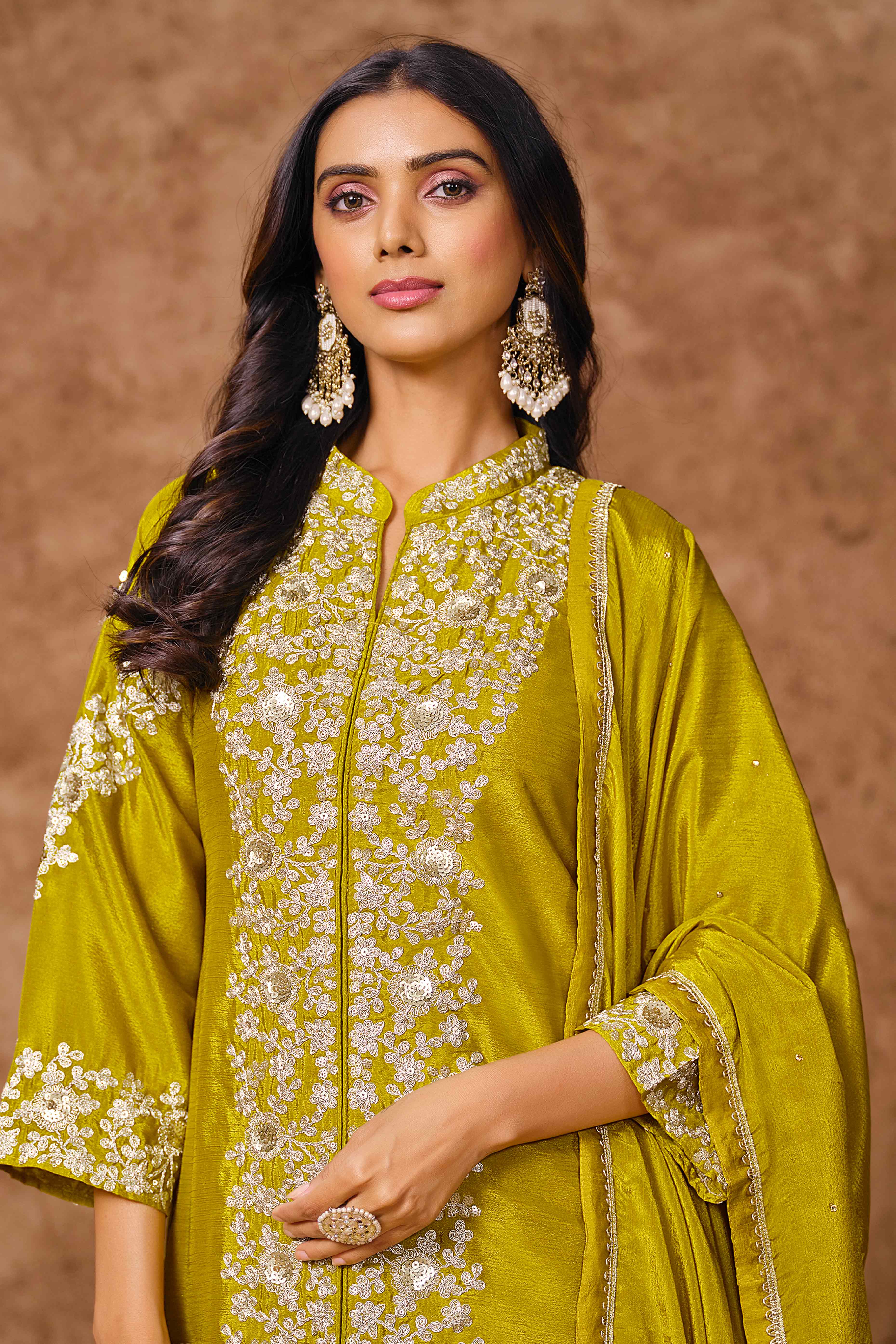 Mustard Chinon Palazzo Suit With Floral Sequins & Cording Embroidery Work