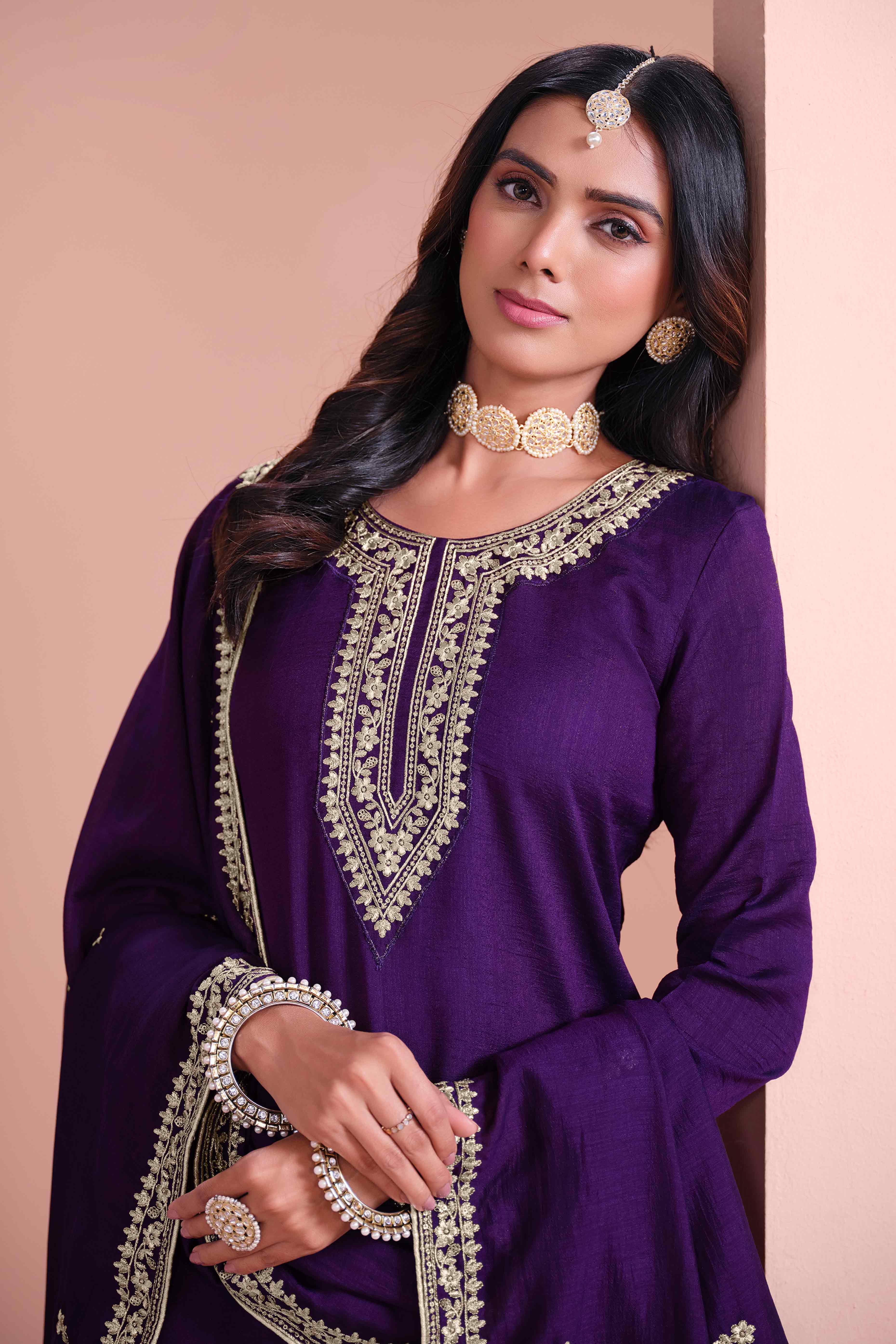 Purple Floral Semi-Stitched Art Silk Sharara Suit With Sequins Embroidery Work