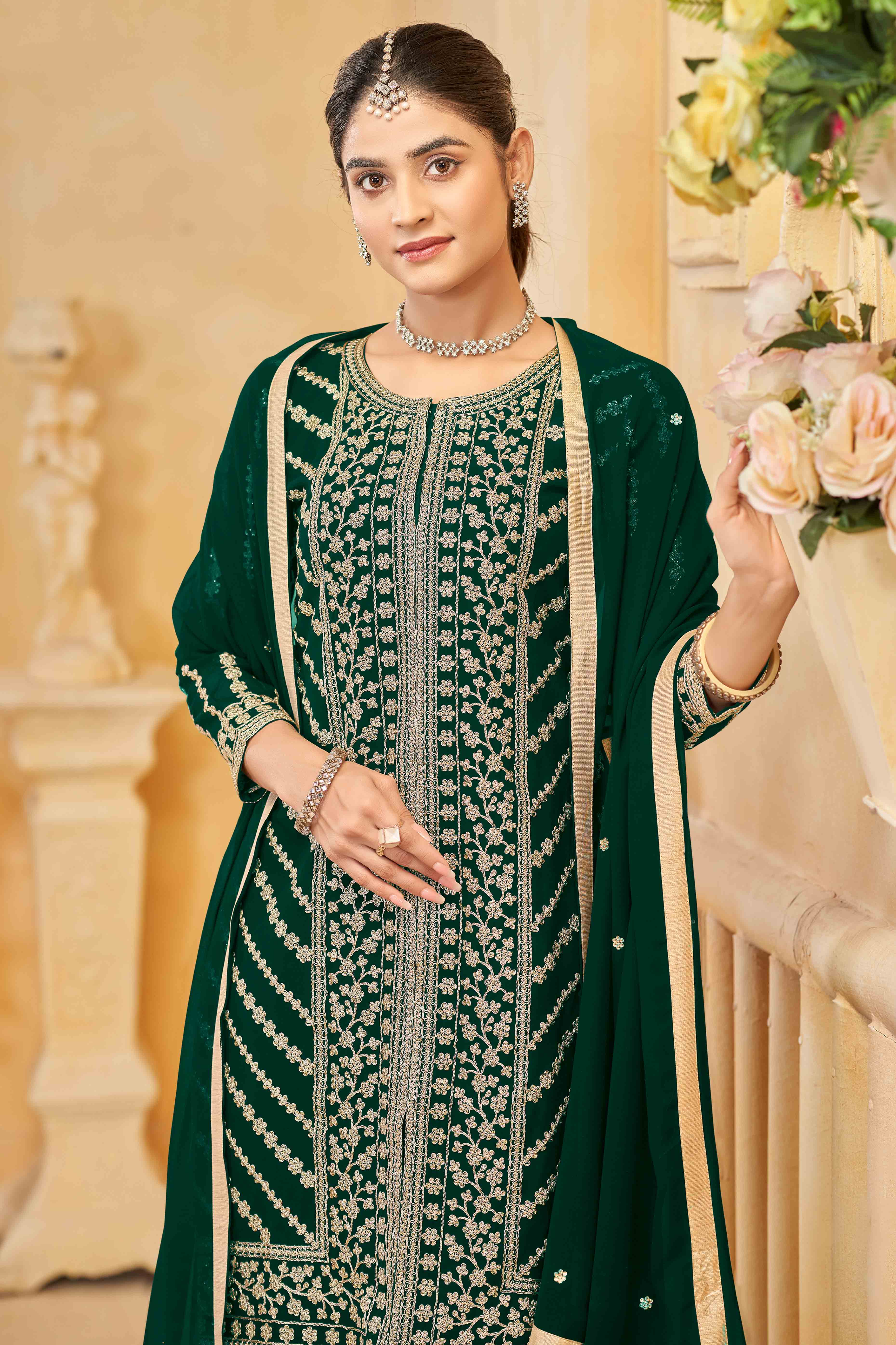 Green Georgette Palazzo Suit Adorned With Floral Sequins & Cording Embroidery