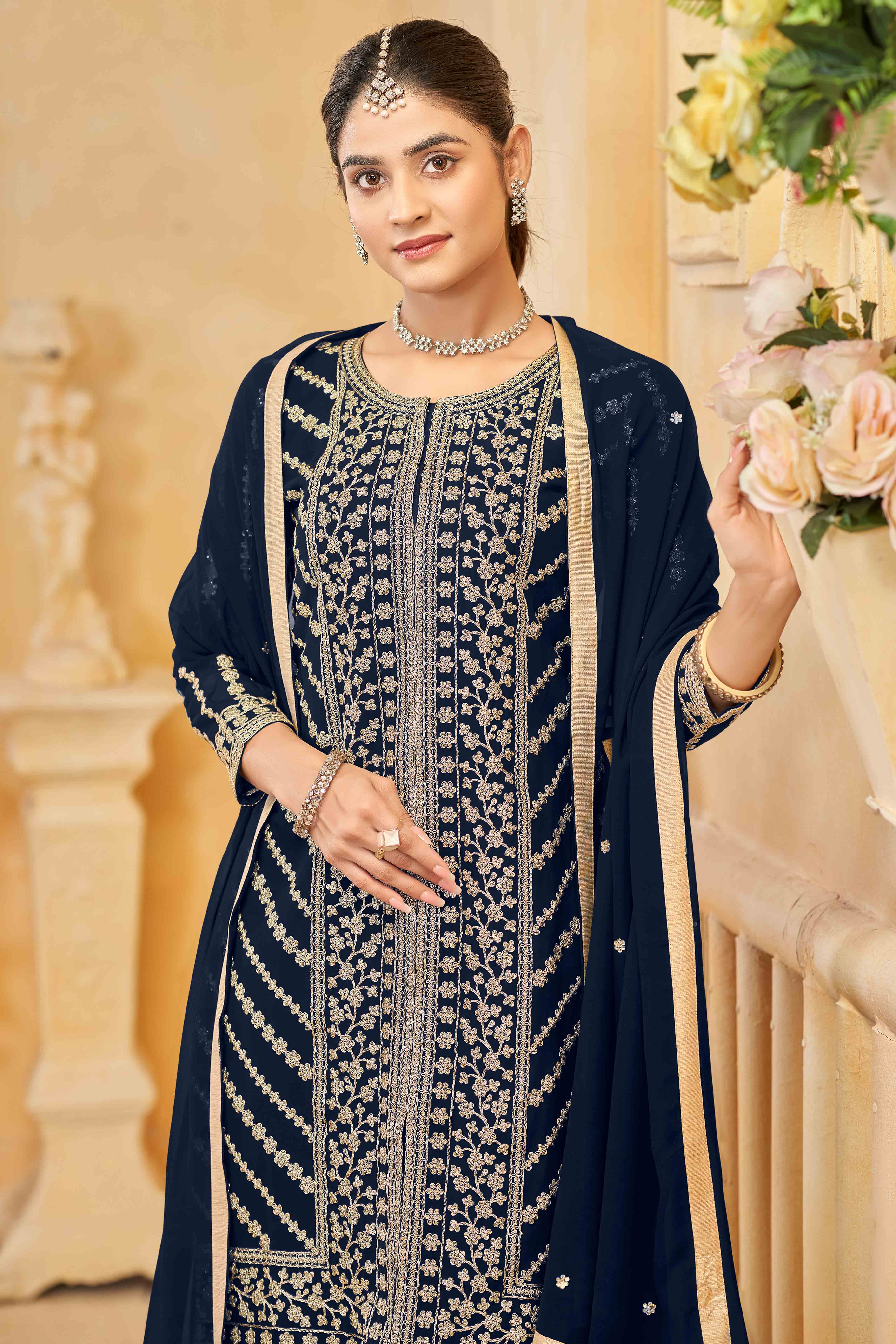 Navy Blue Georgette Palazzo Suit Adorned With Floral Sequins & Cording Embroidery