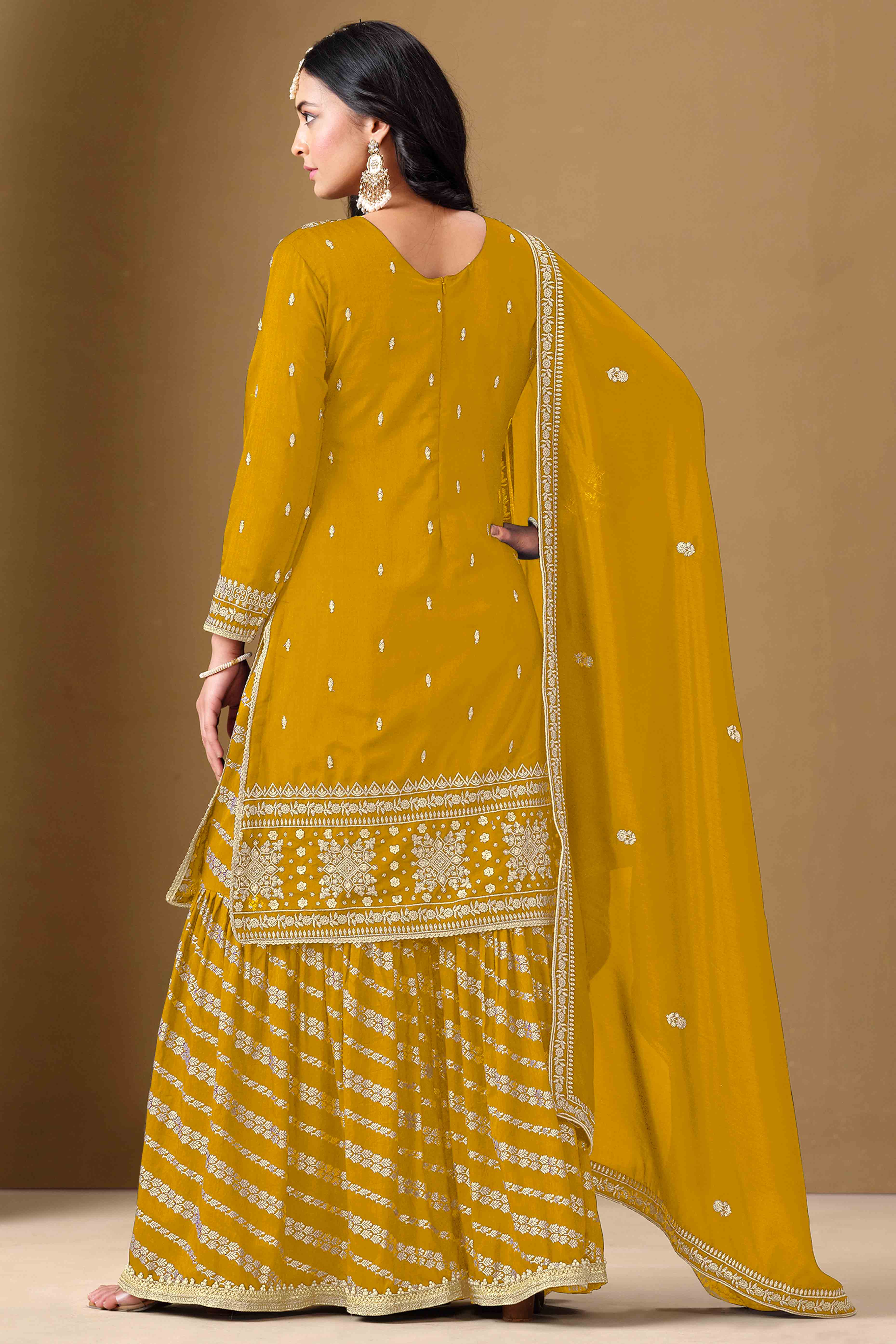 Mustard Art Silk Sharara Suit With Floral Sequins Embroidery Work