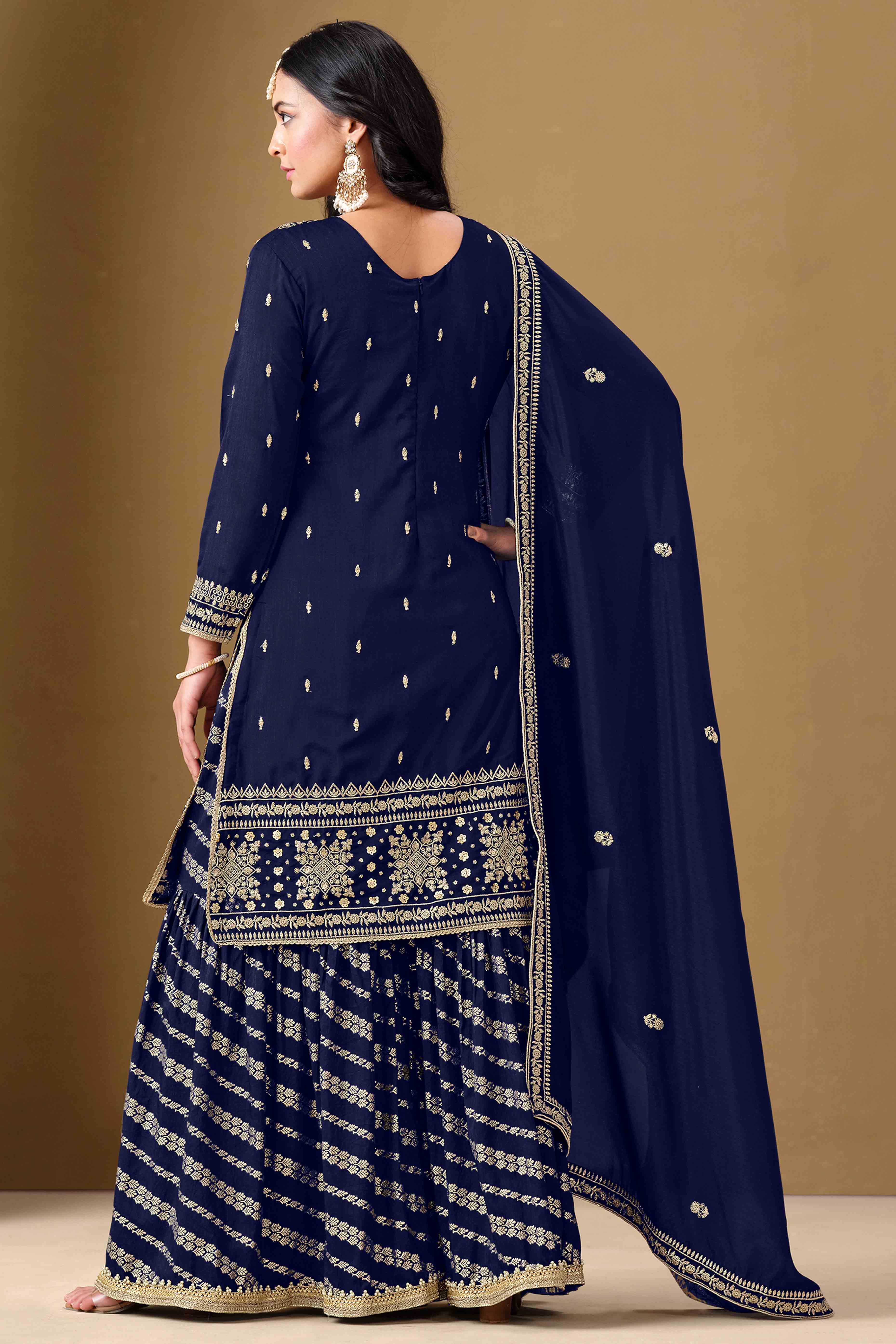 Navy Blue Art Silk Sharara Suit With Floral Sequins Embroidery Work