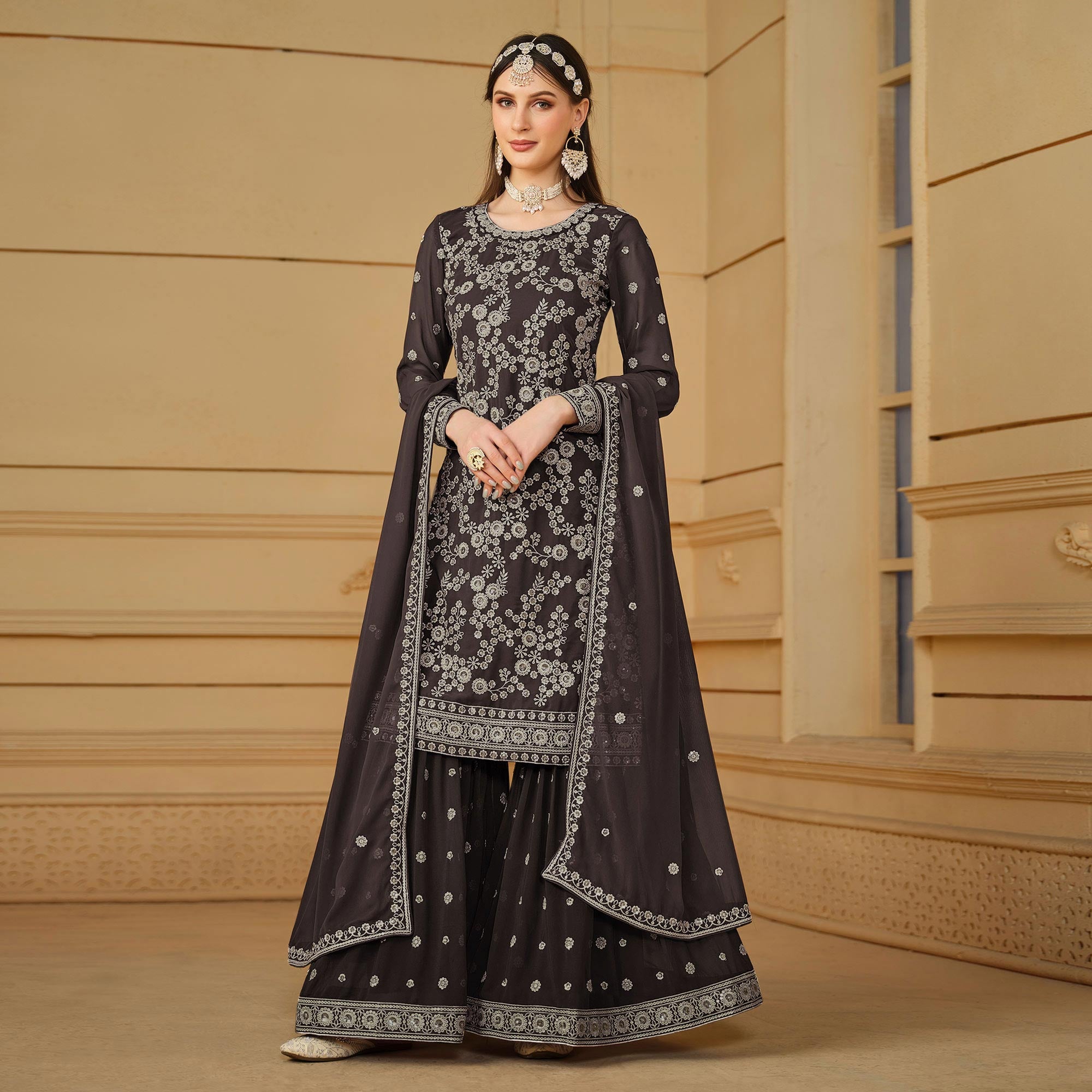 Dark Grey Floral Embroidered Georgette Semi Stitched Sharara Suit