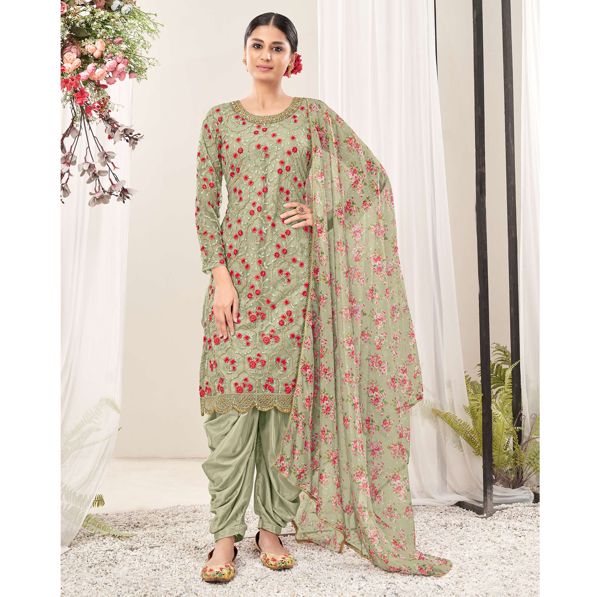 Green Floral Sequins Embroidered Net Patiala Suit