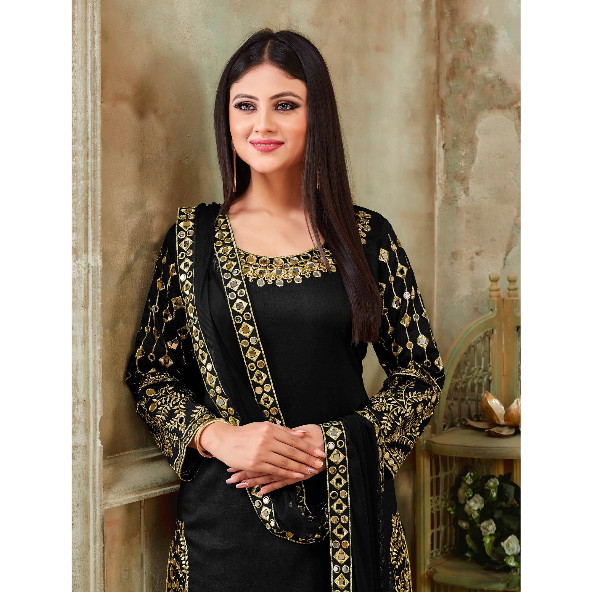 Black Floral Embroidered Art Silk Patiala Suit