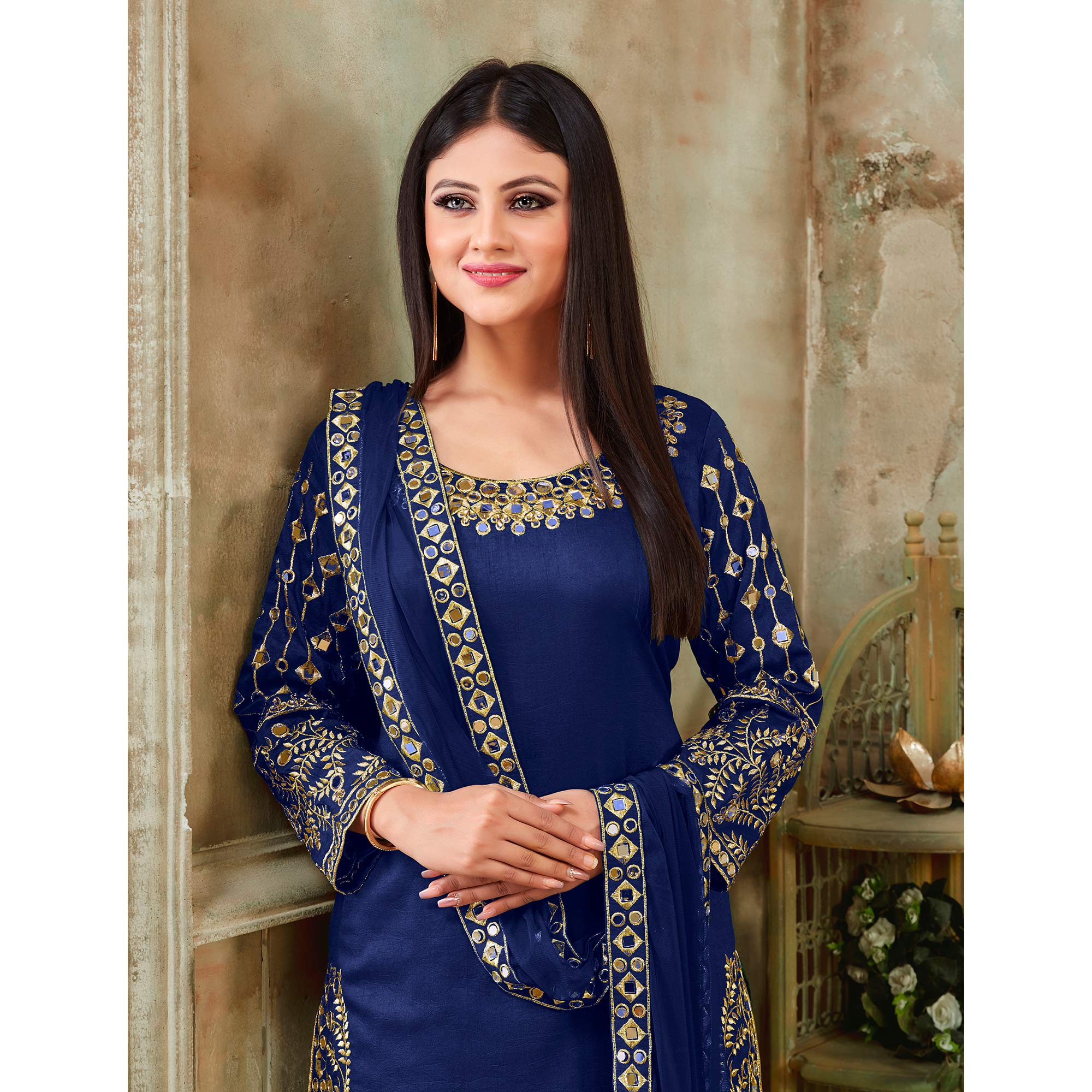 Blue Floral Embroidered Art Silk Patiala Suit