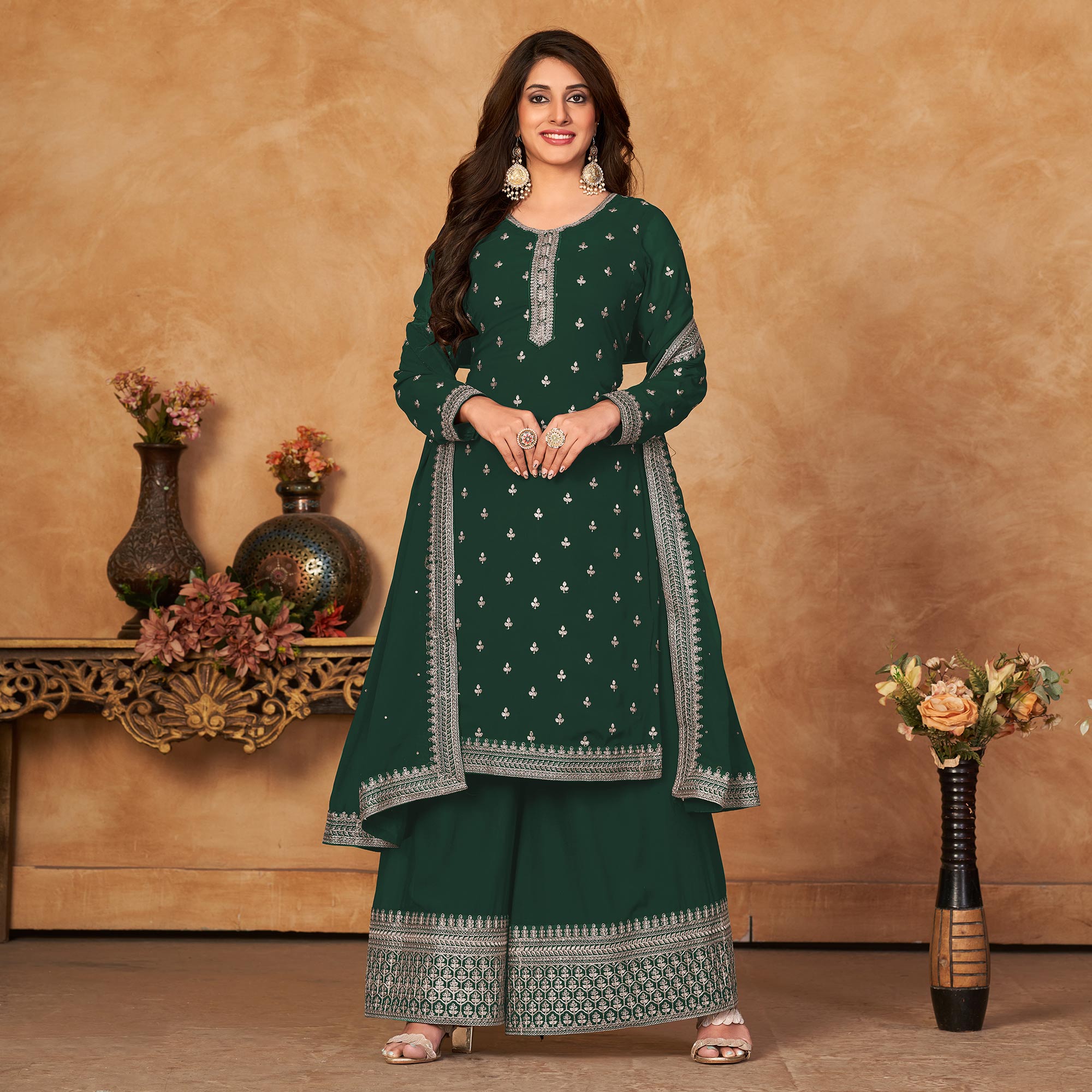 Green Floral Embroidered Georgette Semi Stitched Suit