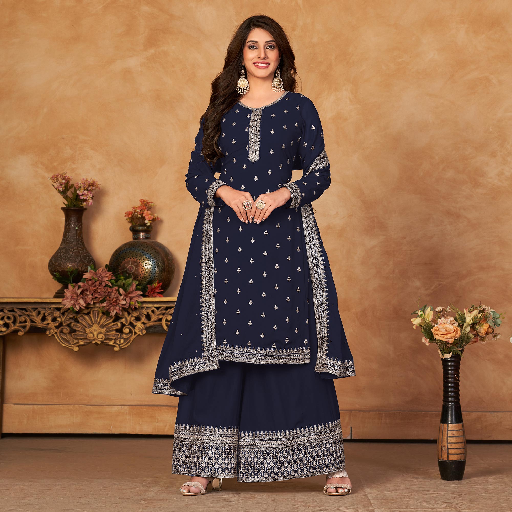 Blue Floral Embroidered Georgette Semi Stitched Suit