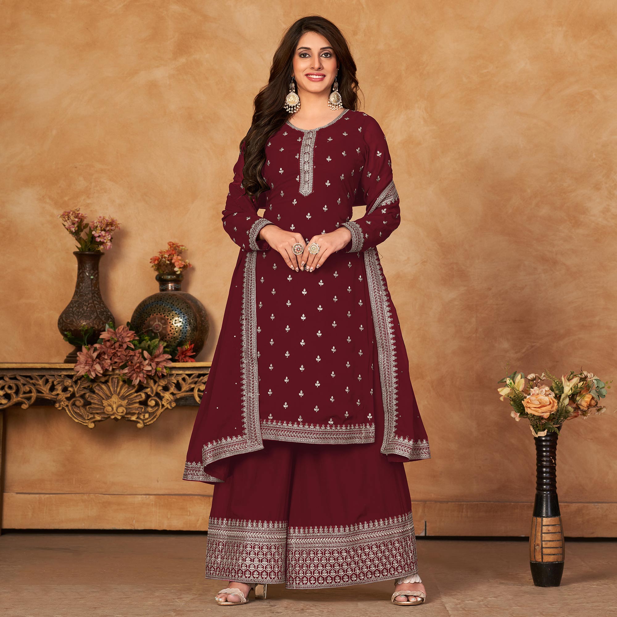 Maroon Floral Embroidered Georgette Semi Stitched Suit