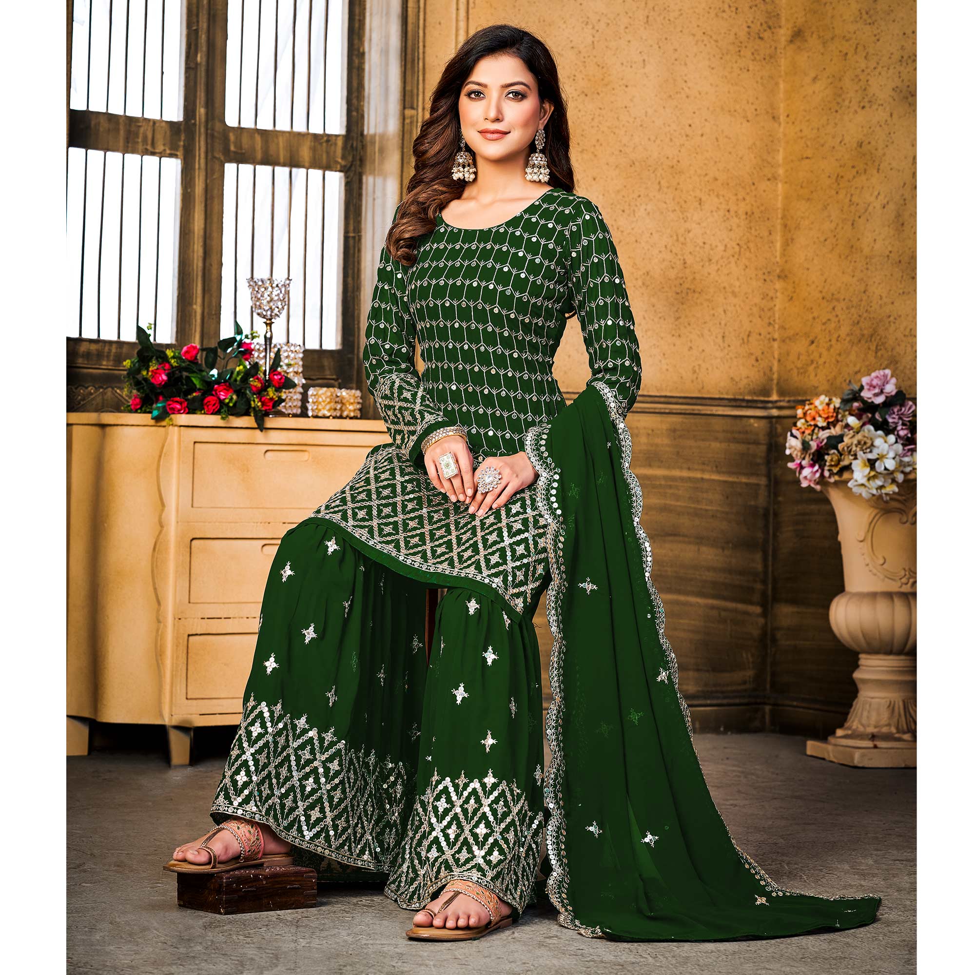 Green Sequins Embroidered Georgette Semi Stitched Suit