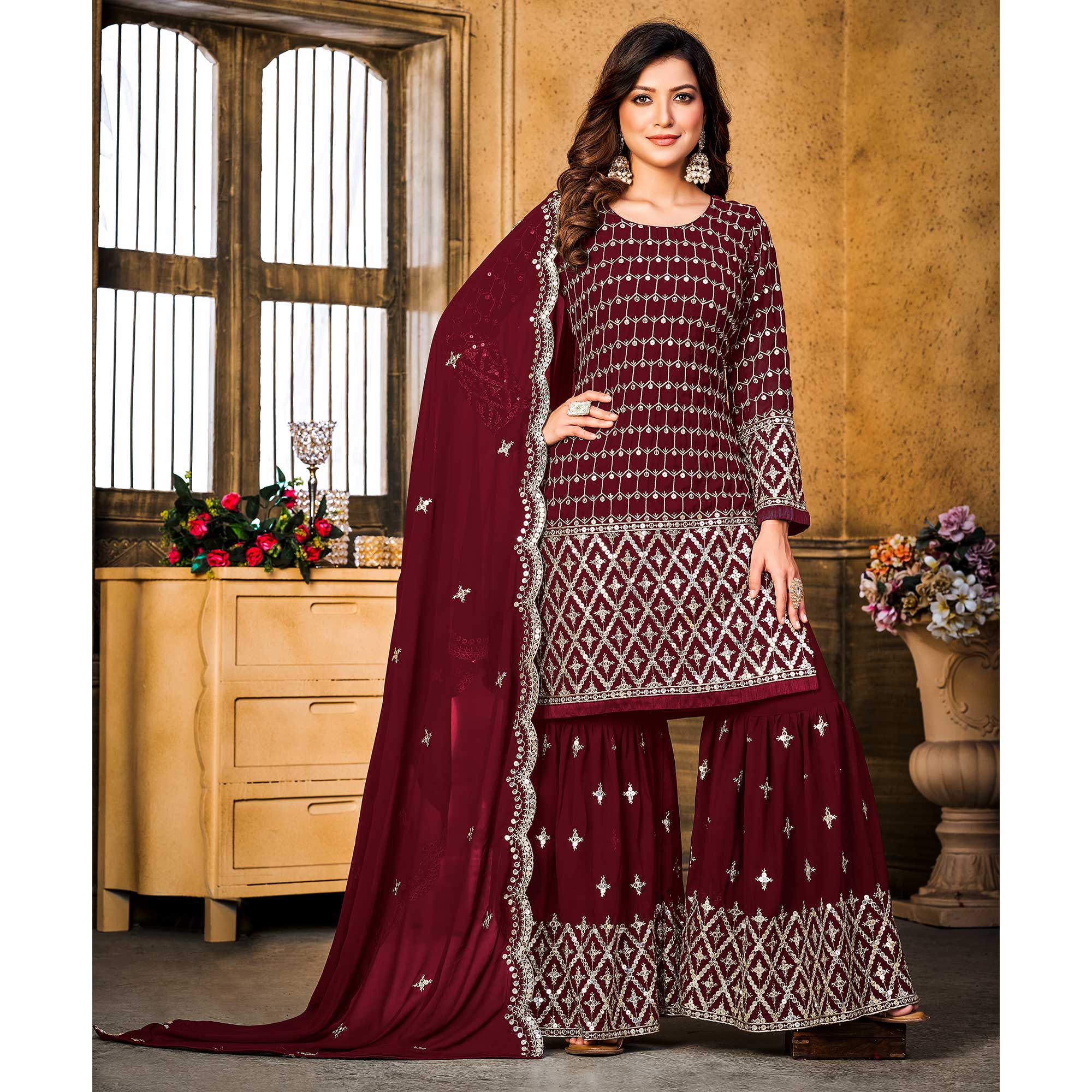 Maroon Sequins Embroidered Georgette Semi Stitched Suit