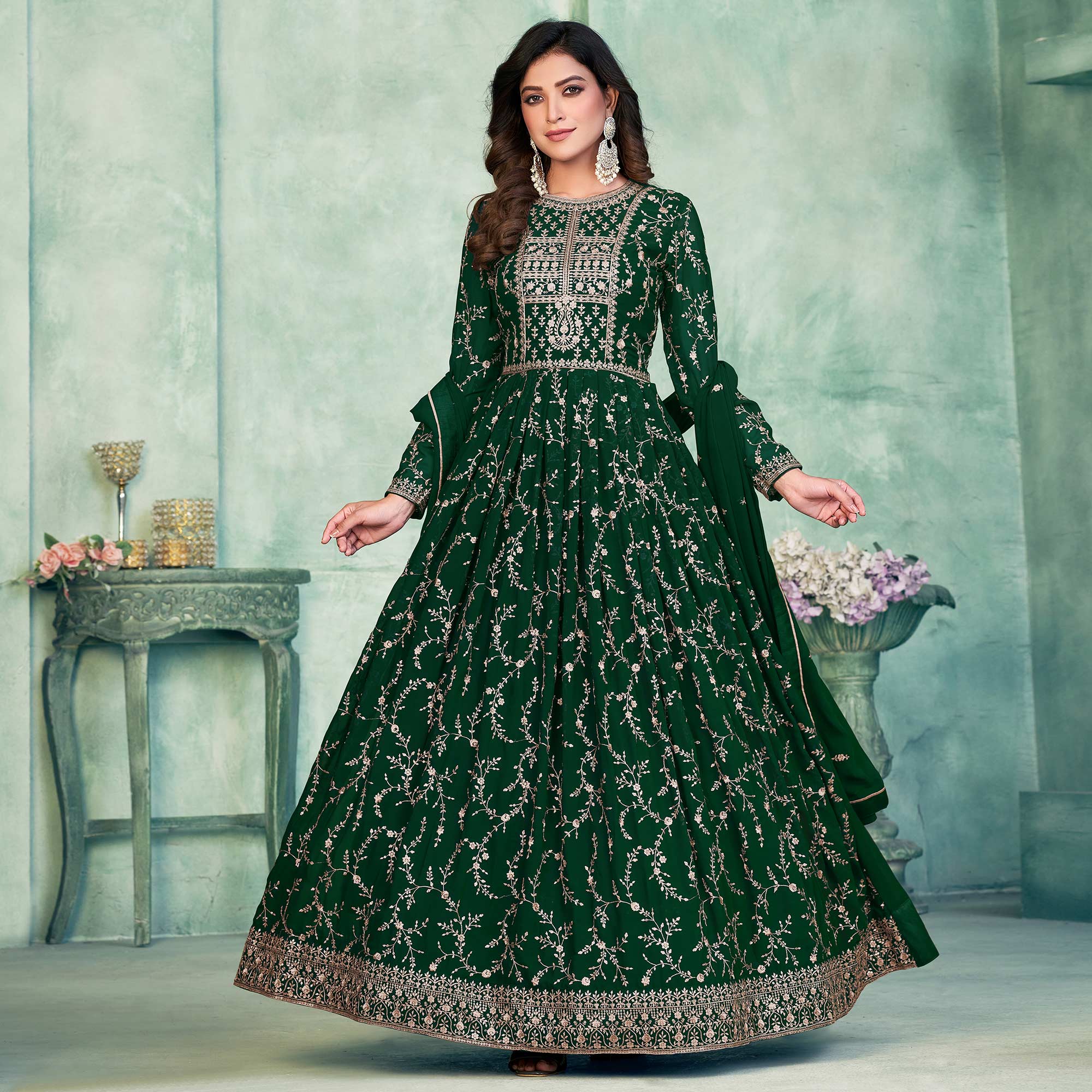 Green Embroidered Georgette Semi Stitched Anarkali Suit