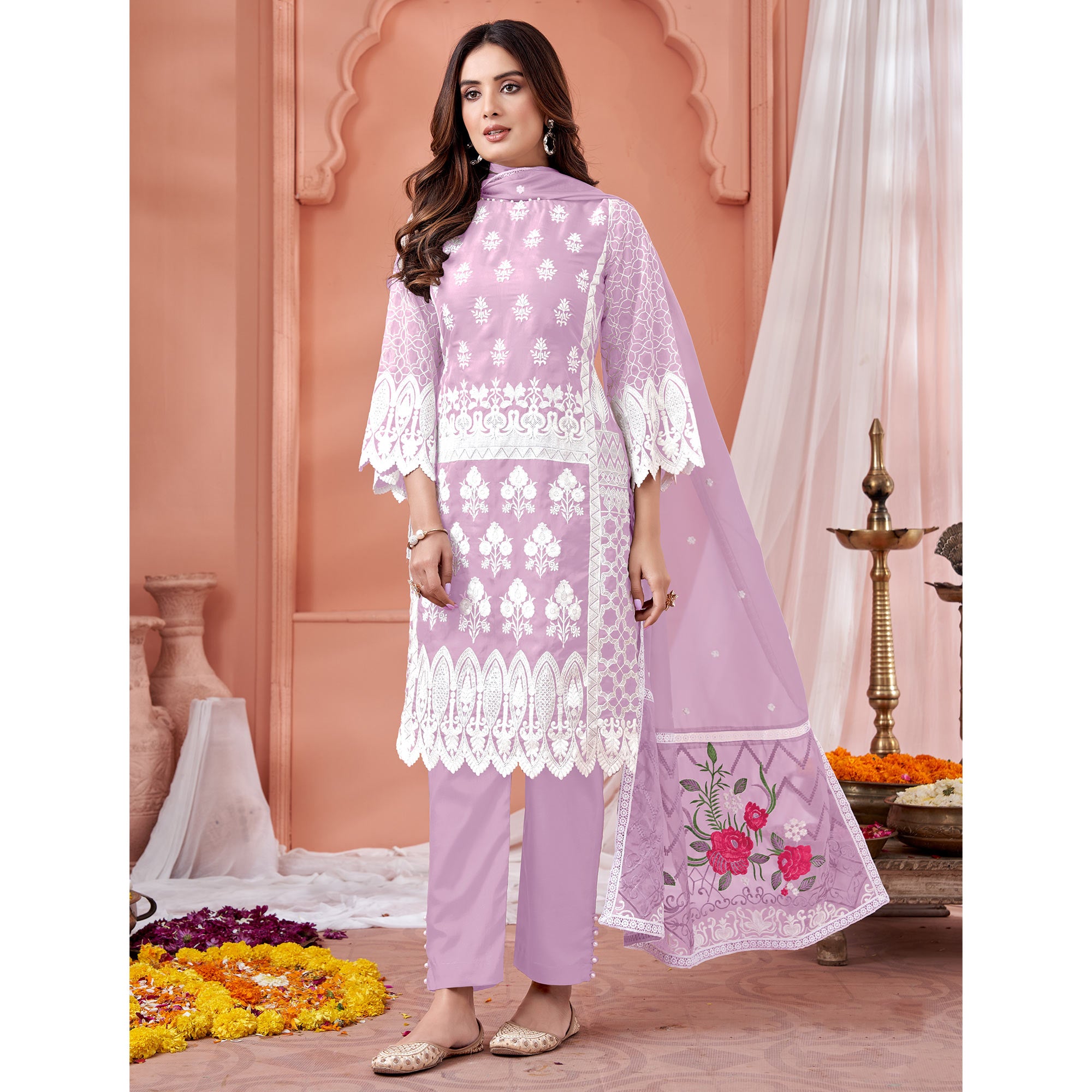 Mauve Floral Embroidered Organza Semi Stitched Suit
