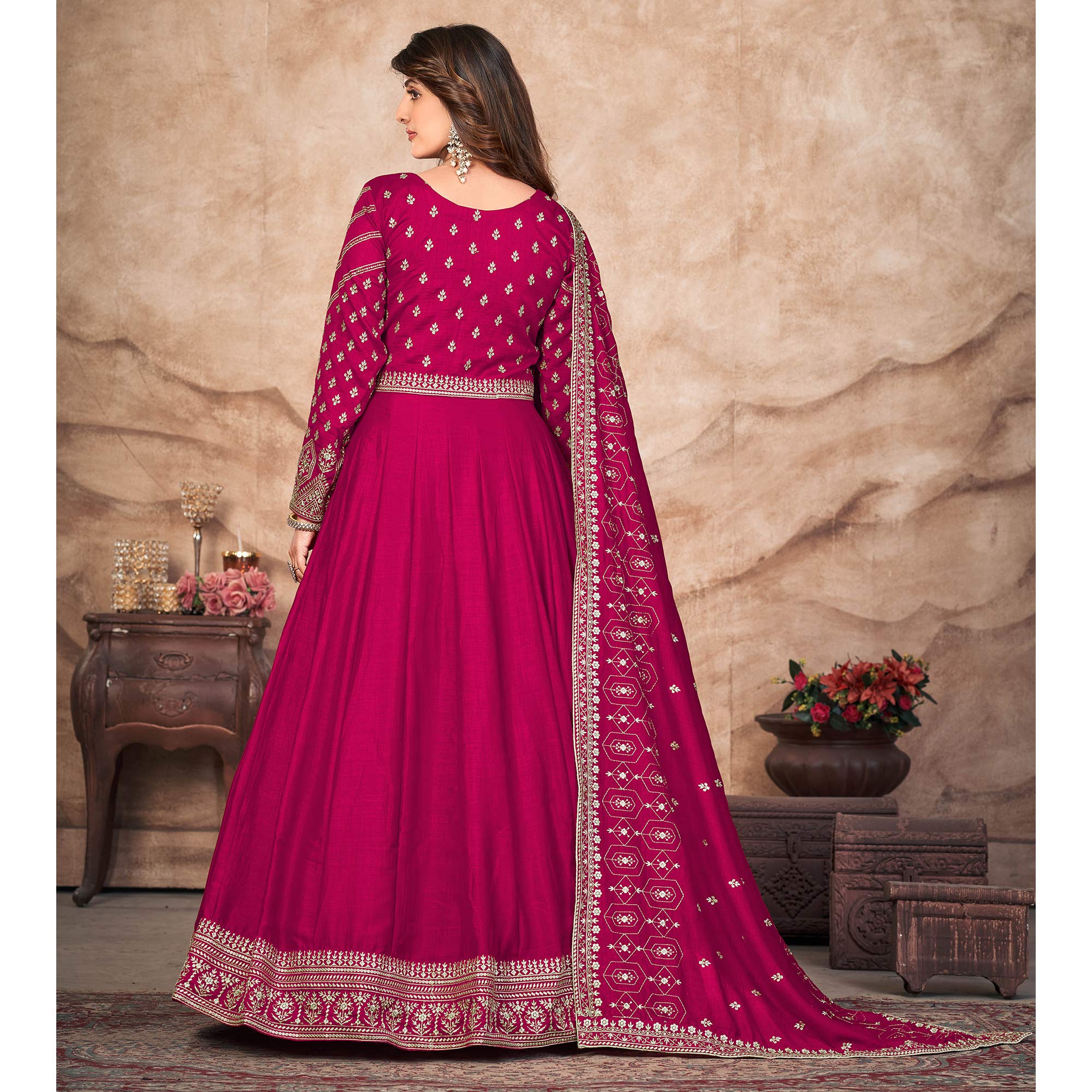 Pink Embroidered Art Silk Semi Stitched Anarkali Suit