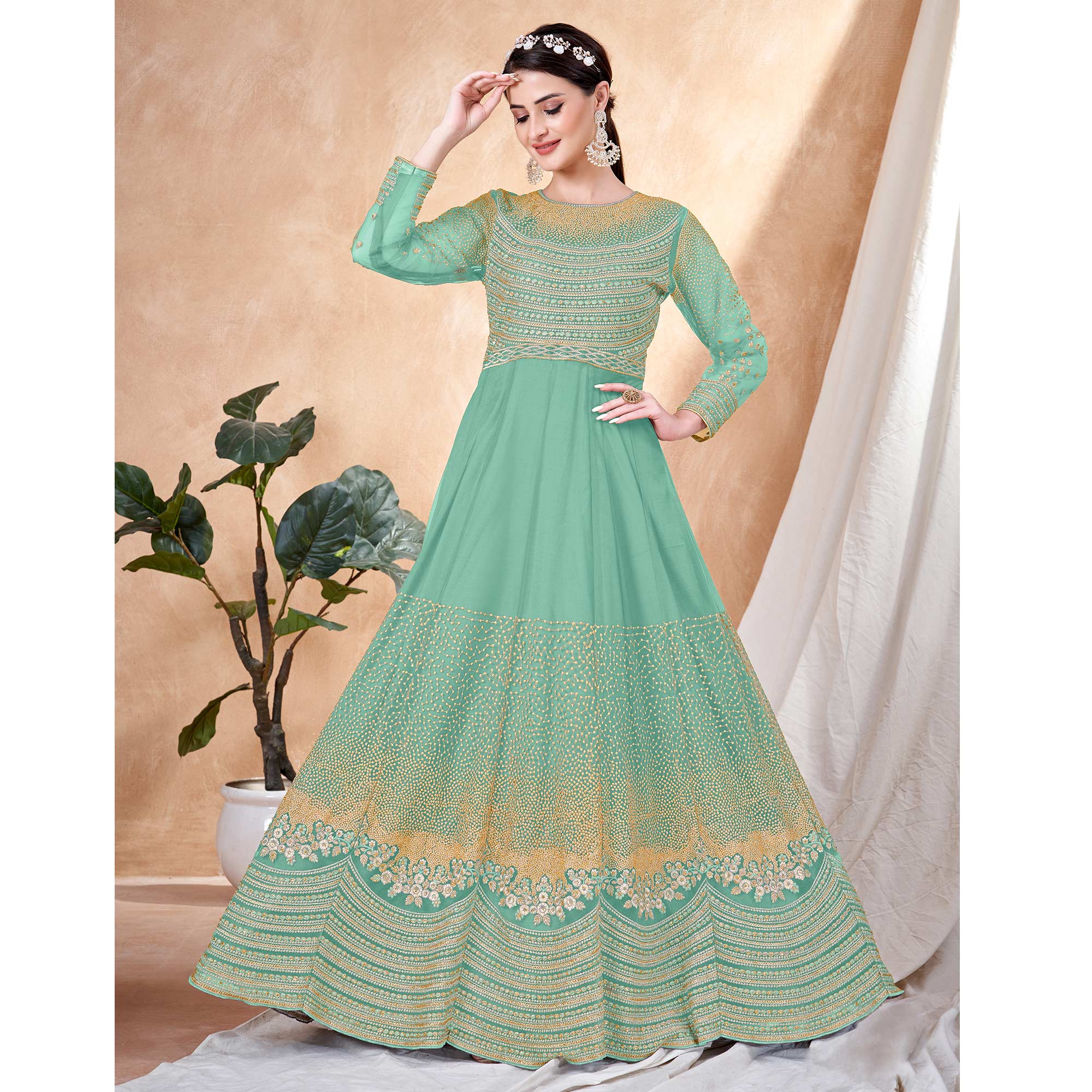 Turquoise Floral Embroidered Net Semi Stitched Anarkali Suit